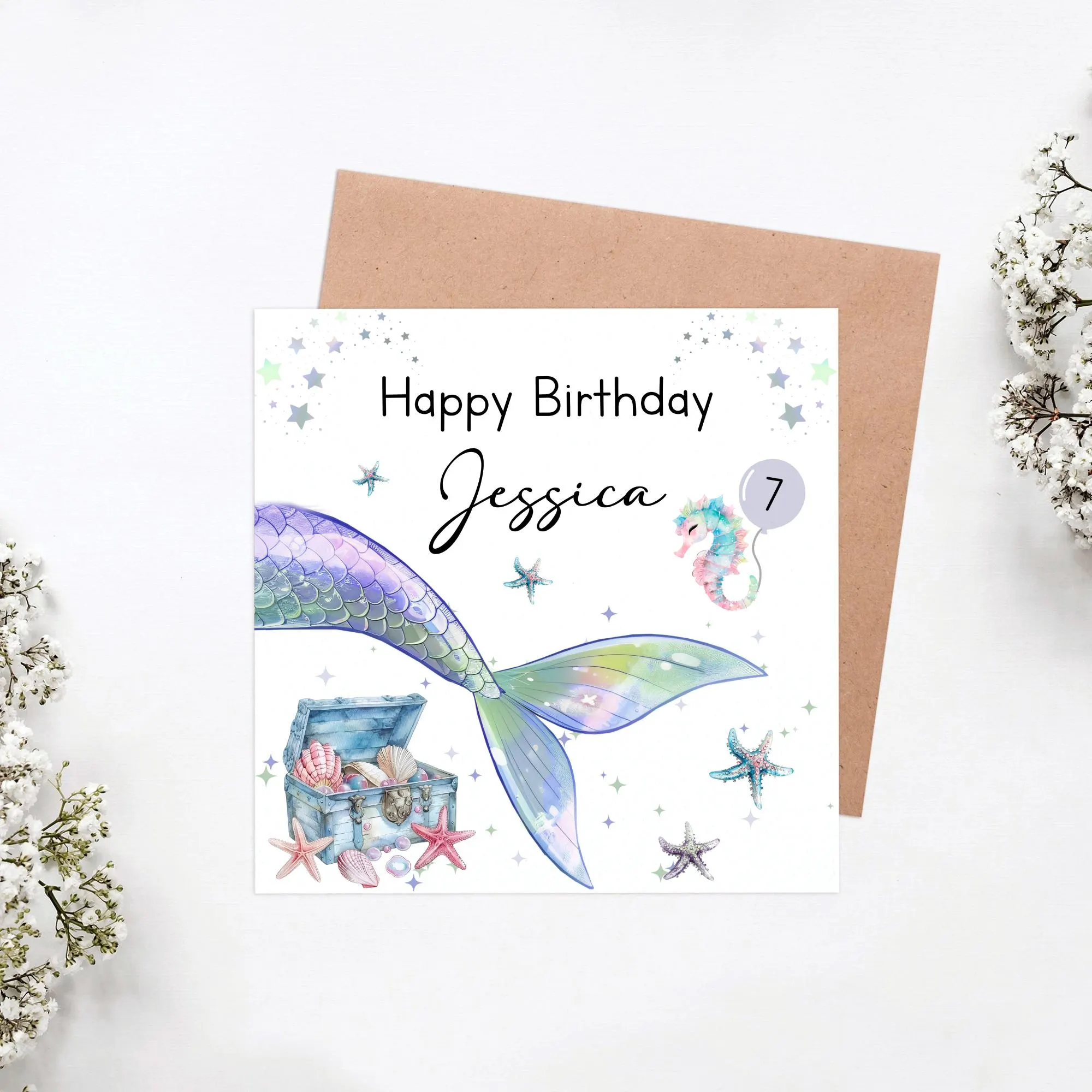 Personalised Mermaid Birthday Card | Any Age Girls Birthday Card | Custom Name Kids Birthday | Under the Sea Party Card for Daughter
