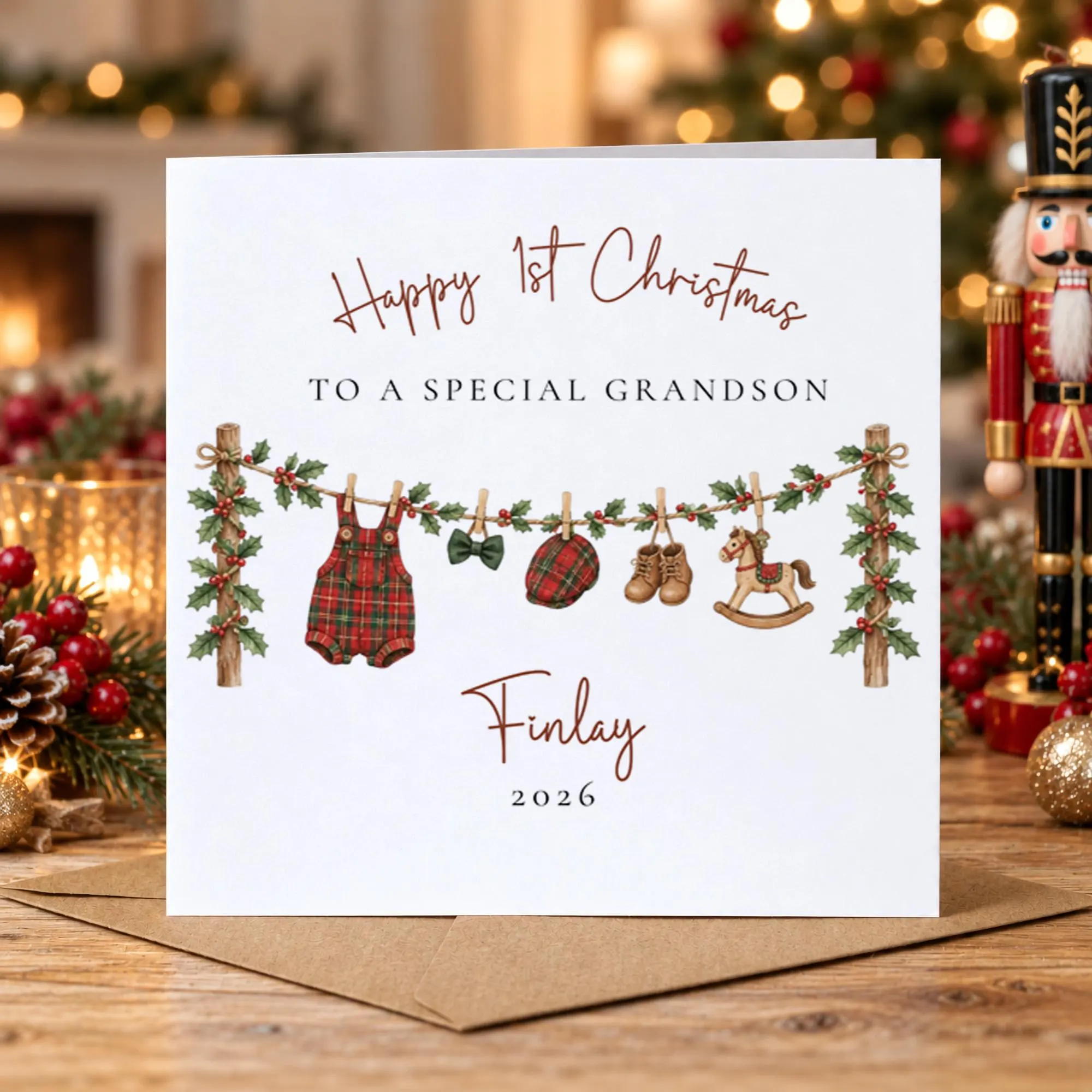 Grandson First Christmas Card, Personalised Grandson 1st Christmas Card 2026, Baby Boy Christmas Card from Nanny and Grandad, Keepsake