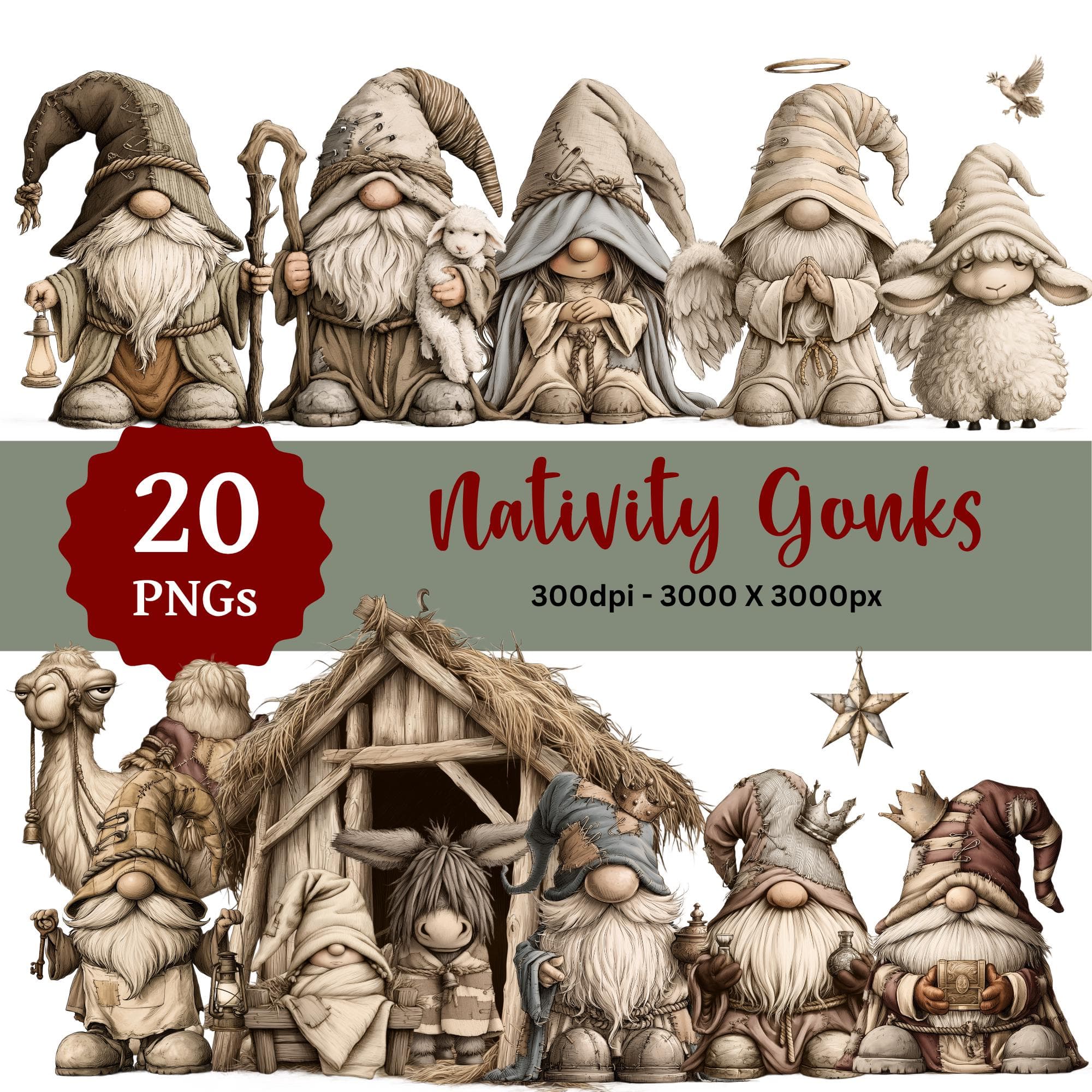 Christmas Nativity Clipart PNG, 20 Whimsical Christmas Gnome Gonk Bundle, Rustic Vintage Holiday Designs, Card Making, Sublimation - image 2
