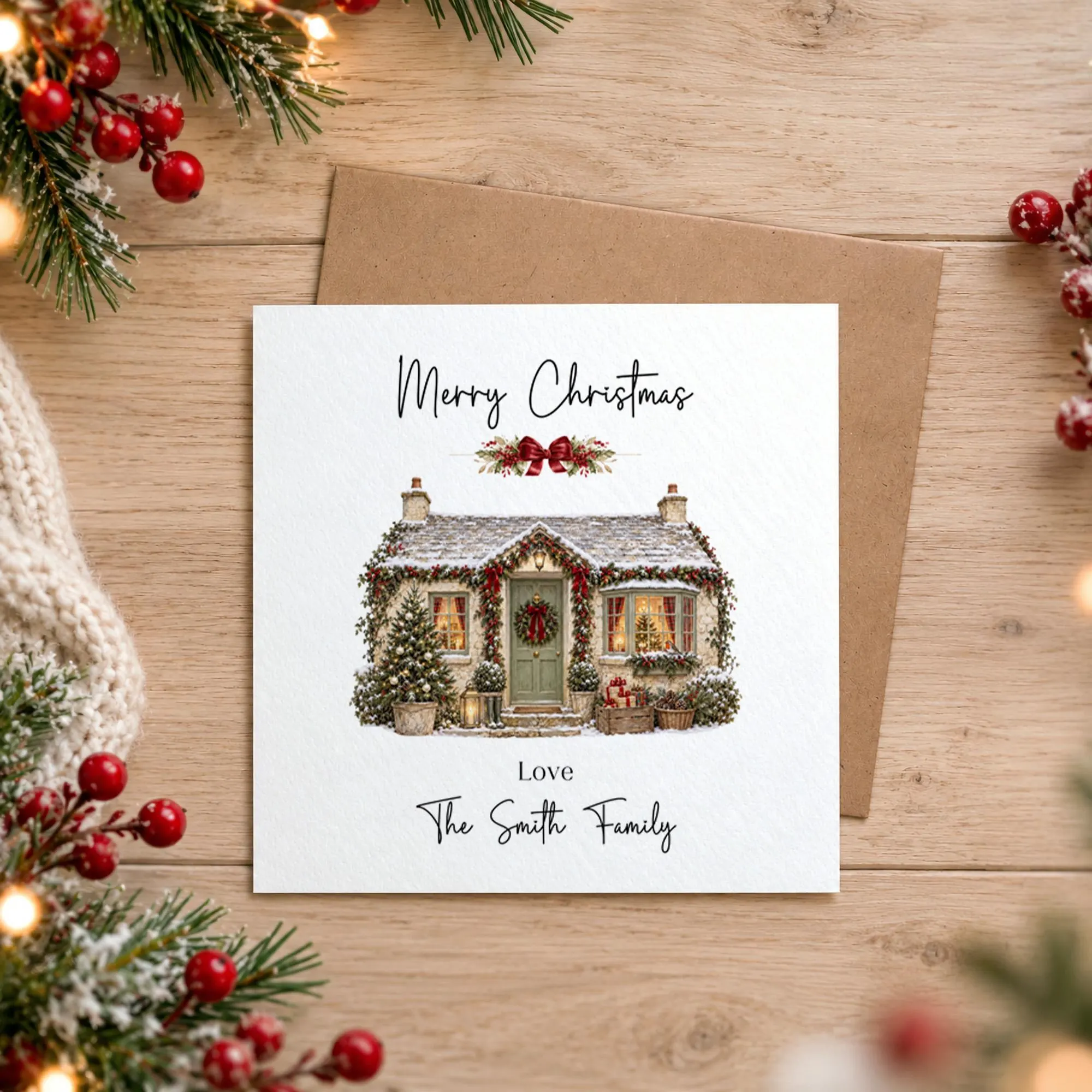 Personalised Family Christmas Card, Christmas Card From Our Family, Custom Family Name Xmas Card, Country Cottage Christmas Card - image 2