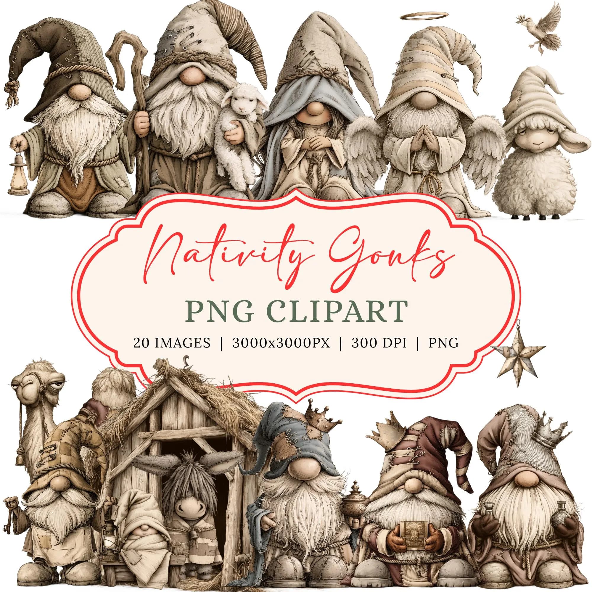 Christmas Nativity Clipart PNG, 20 Whimsical Christmas Gnome Gonk Bundle, Rustic Vintage Holiday Designs, Card Making, Sublimation