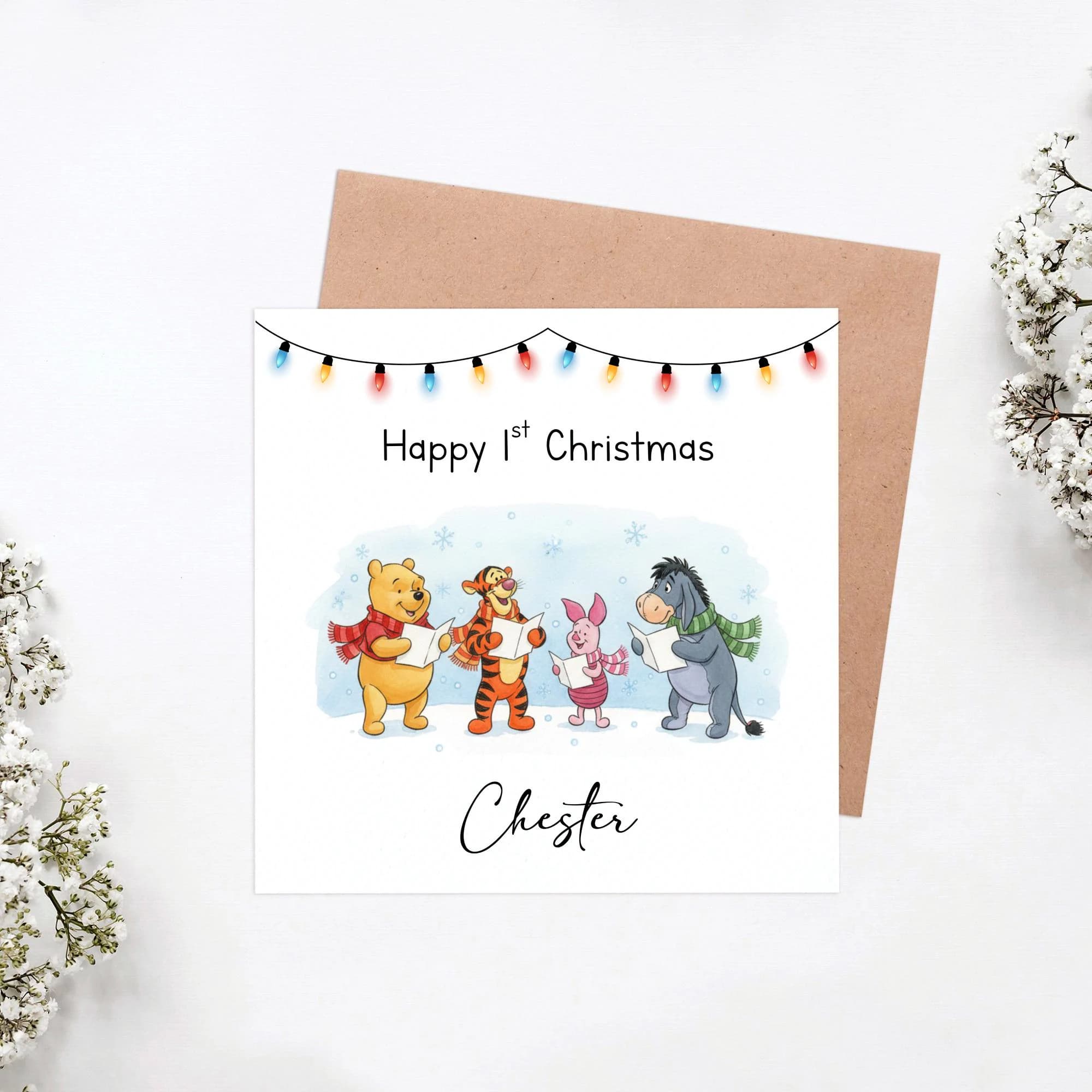 Personalised 1st Christmas Card, Winnie the Pooh Christmas Card, First Christmas Card for Baby Boy or Girl, Custom Name Christmas Card