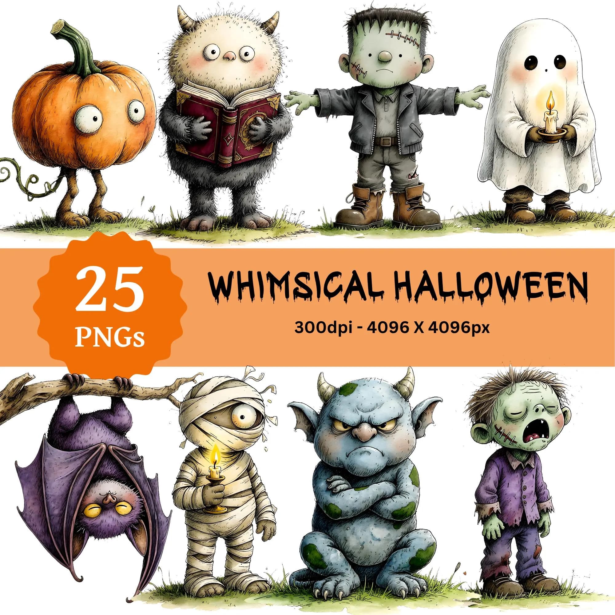 Whimsical Halloween PNG Bundle, 25 Watercolor Halloween Clipart, Pumpkin Frankenstein Ghost Mummy PNG, Stickers, Cards, Party, Sublimation