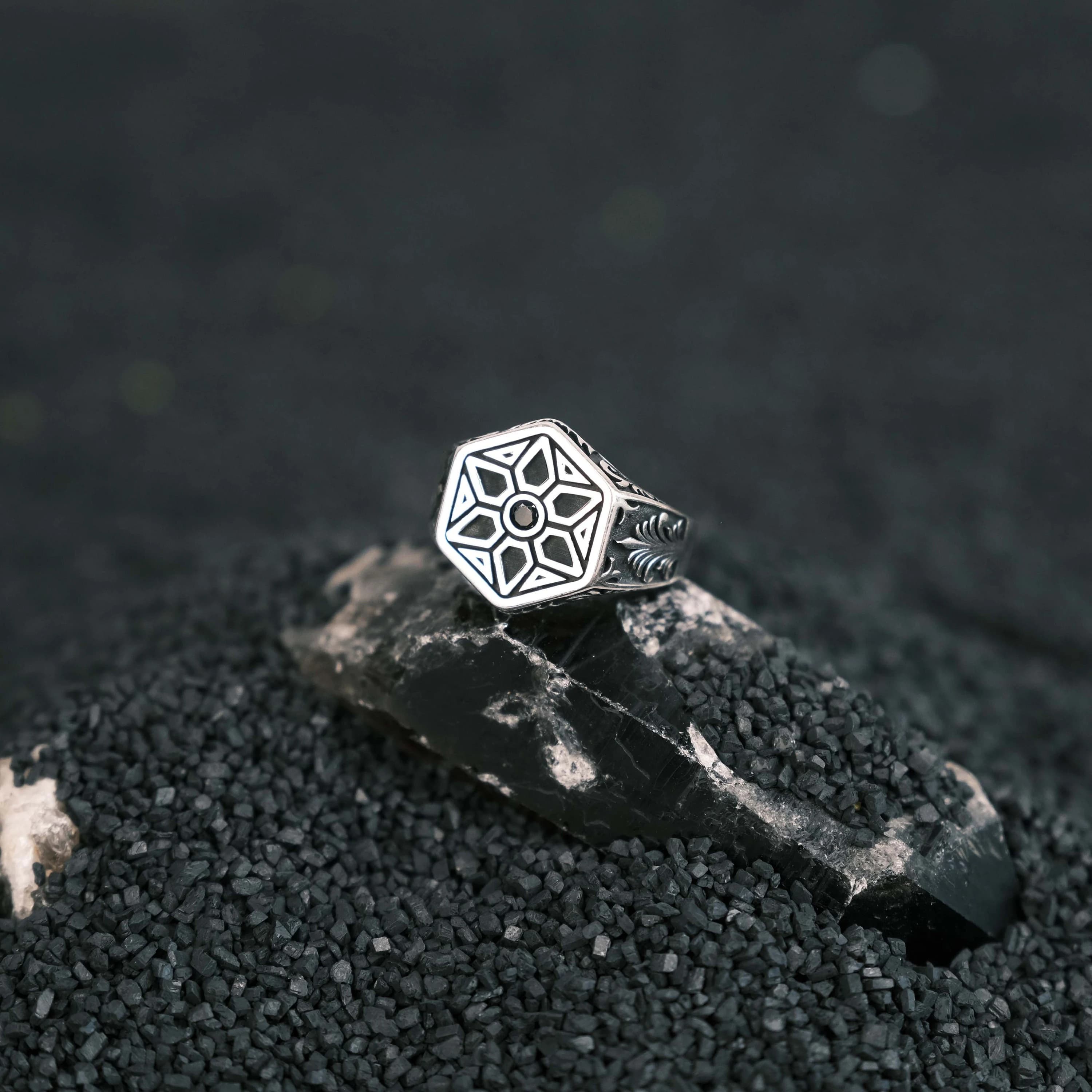 Sterling Silver Signet Ring, Geometric Star Ring for Men, Handmade Jewelry, Christmas Gift