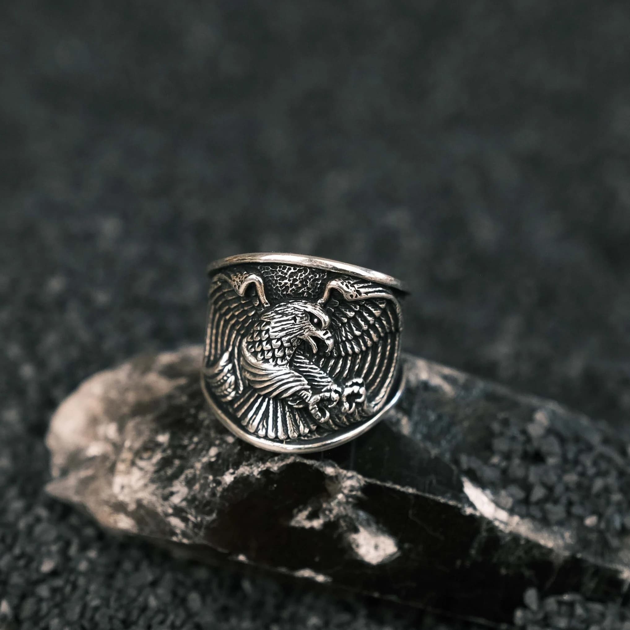 Sterling Silver Eagle Ring: Handmade 925 Mens Ring