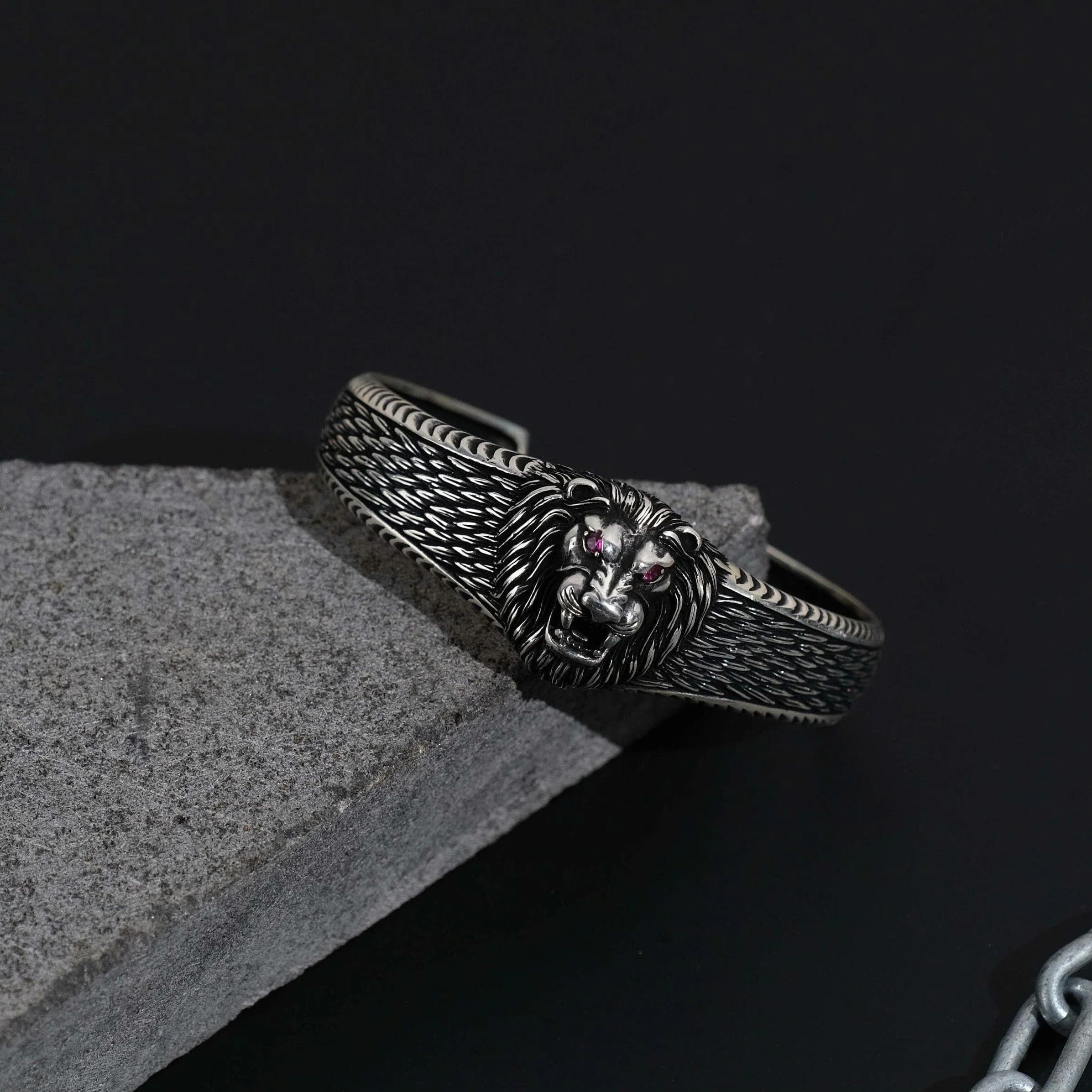 Sterling Silver Lion Head Cuff Bracelet, Gothic Viking Bangle, Adjustable Statement Jewelry, Christmas Gift