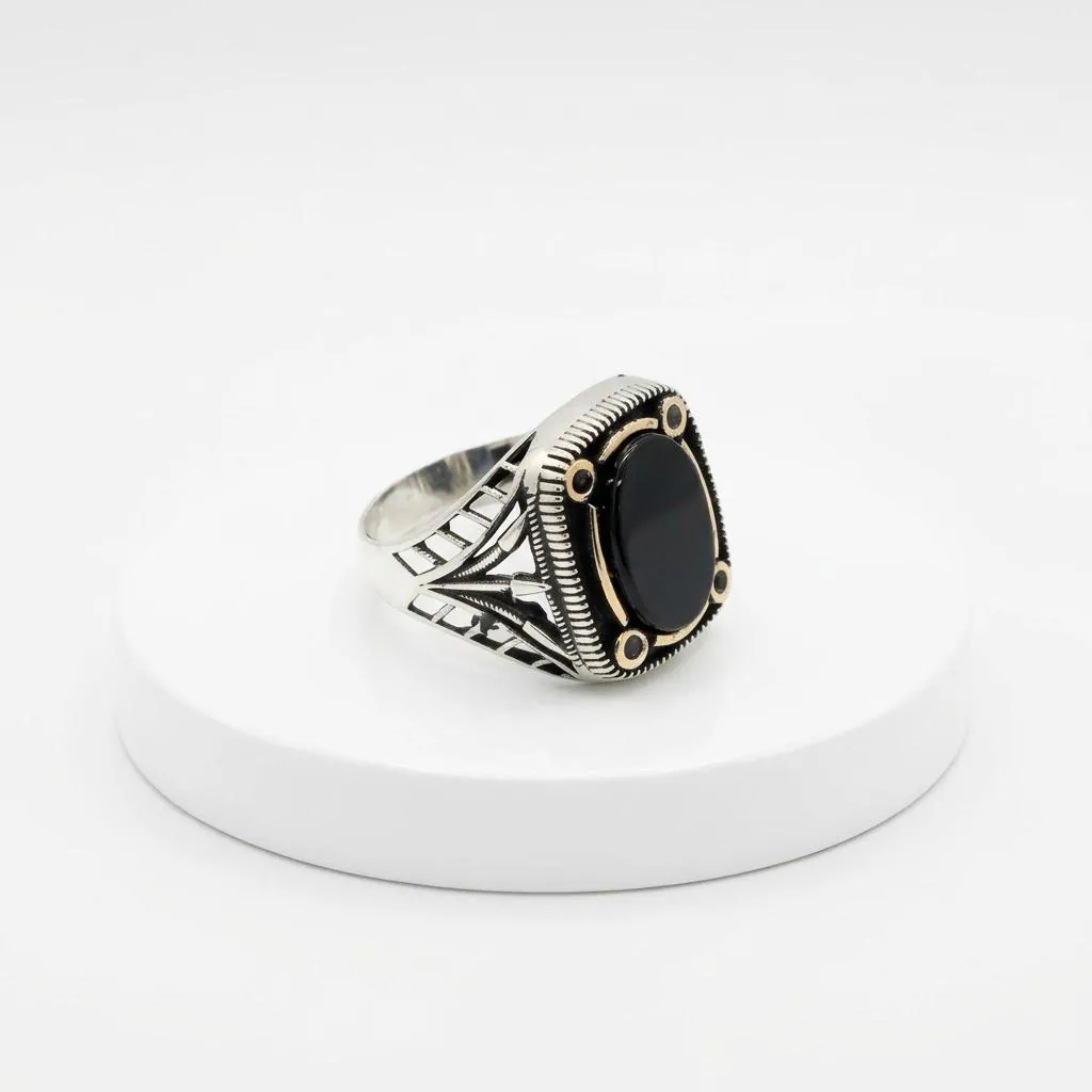 Handmade 925 Sterling Silver Ring with Oval Black Onyx Vintage Signet , Christmas Gift