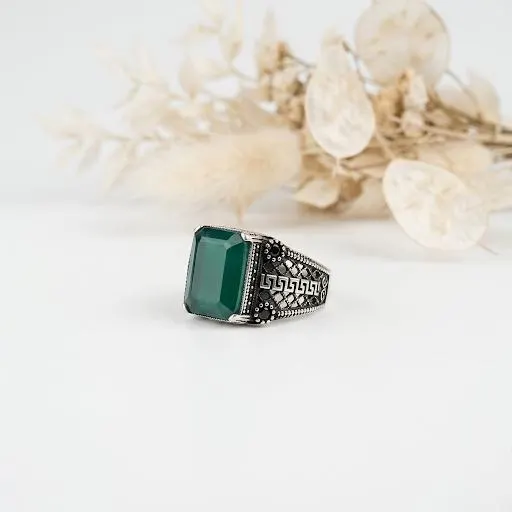 925 Sterling Silver Green Agate Stone Men's Ring, Gift Silver Ring for Male Lover, Anniversary Gift, Gift for Husband, Chic Silver Ring - image 4