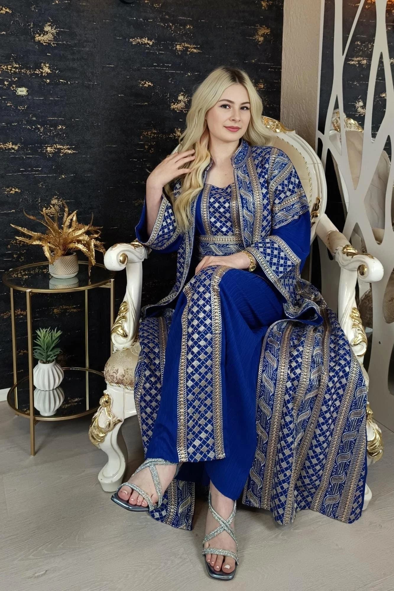 bestickter Kaftan, Hanien blau, Kaftan Frauen, Abendkleid, Hochzeit, marokkanischer Kaftan, arabischer Kaftan, Takshita, Hennakleid, Abaya