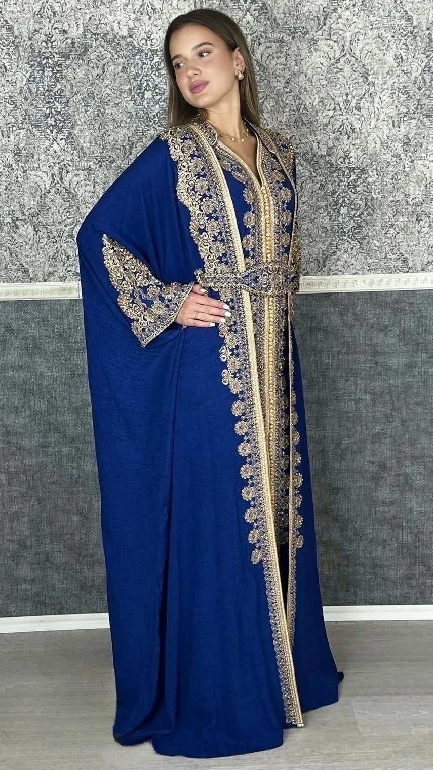 Kaftan Jasmin mit Abaya, Royalblau, Butterfly Ärmel, Gold Stickerei, Verlobung, arabischer Kaftan, Jalabiya, Hennakleid, Festkleid, Takshita - image 2