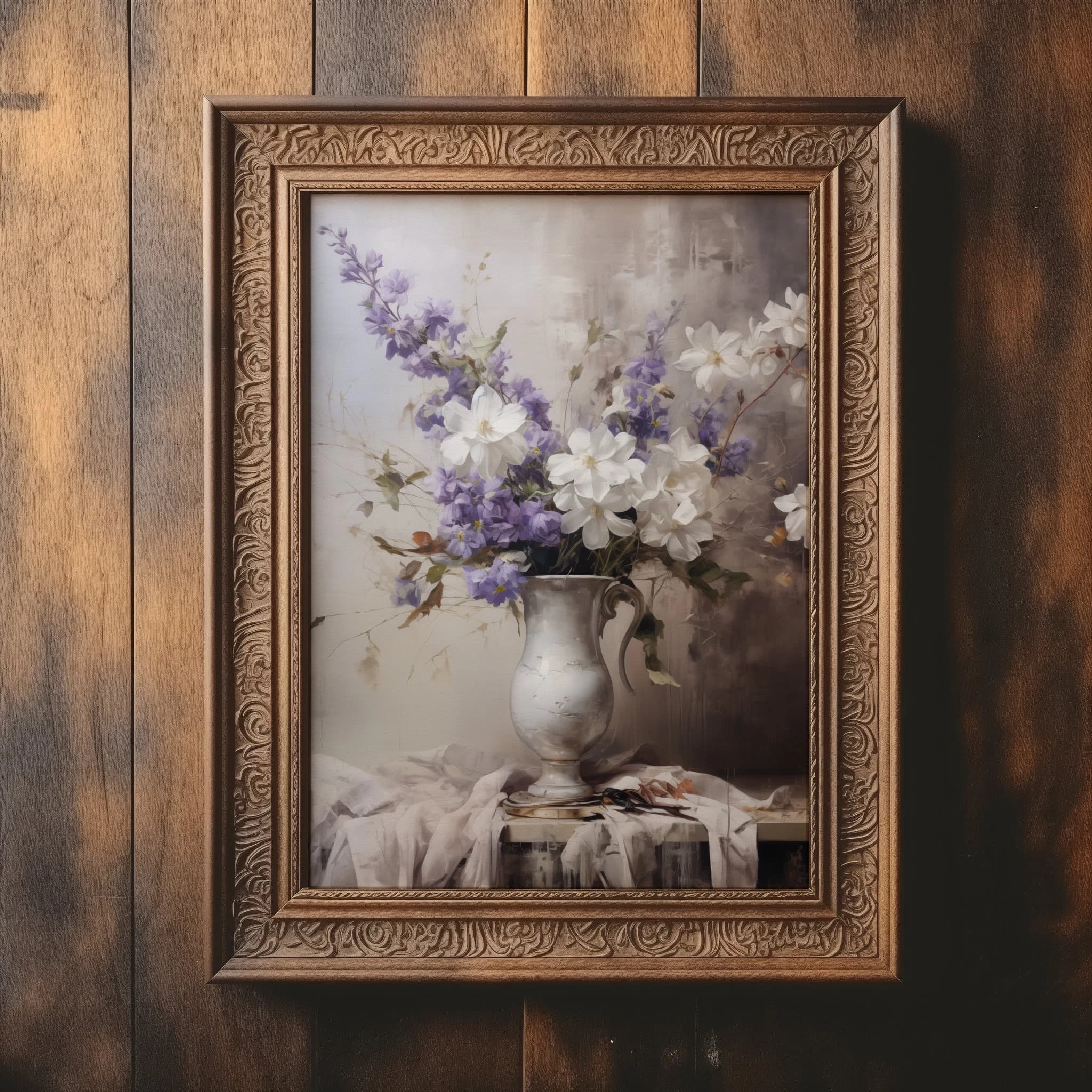 Printable Floral Wall Art | Botanical Vintage Oil Paint Digital Art | White and Violet Flower Digital Download