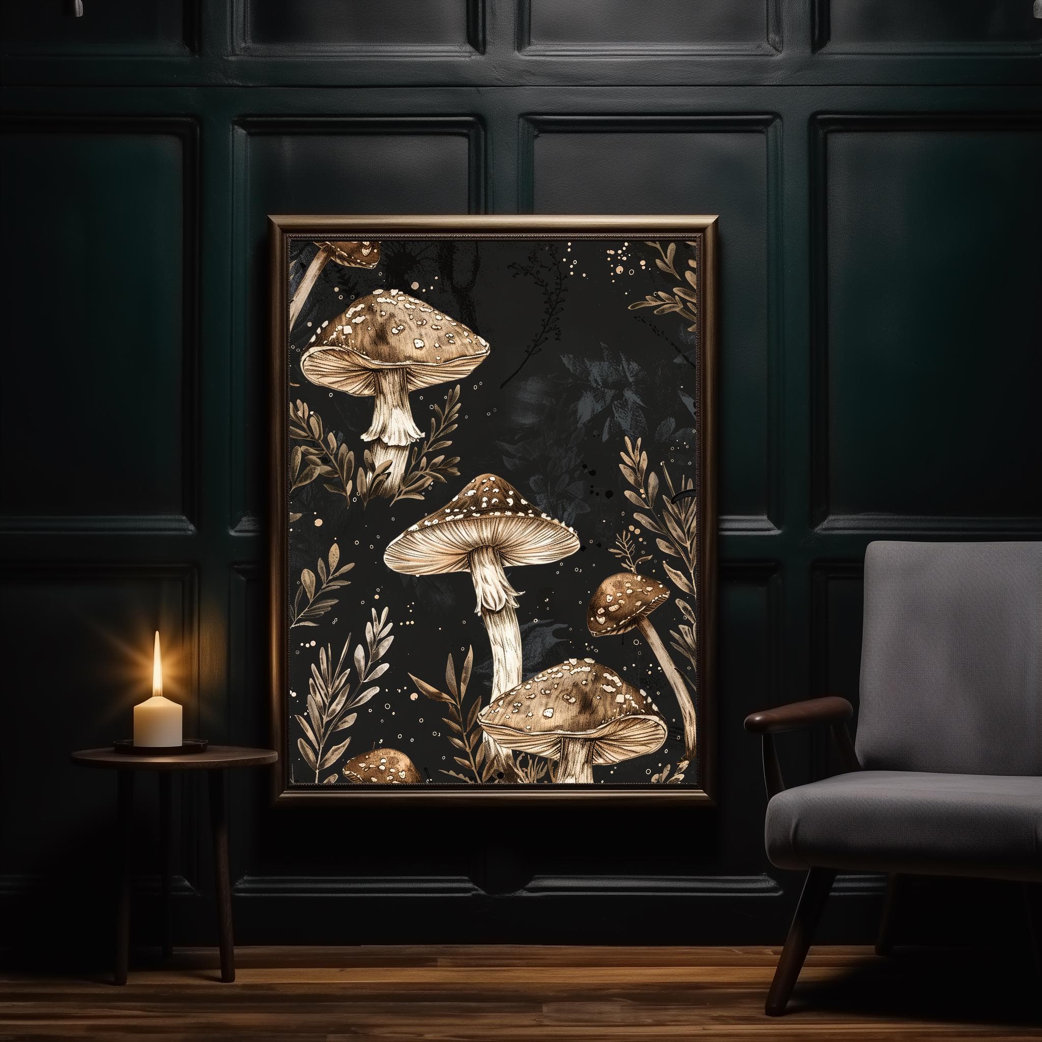 Botanical Mushroom Illustration | Dark Cottagecore Decor | Golden Mushroom | Vintage Journal Page | Moody | Vintage Wall Print | Digital Art - image 3