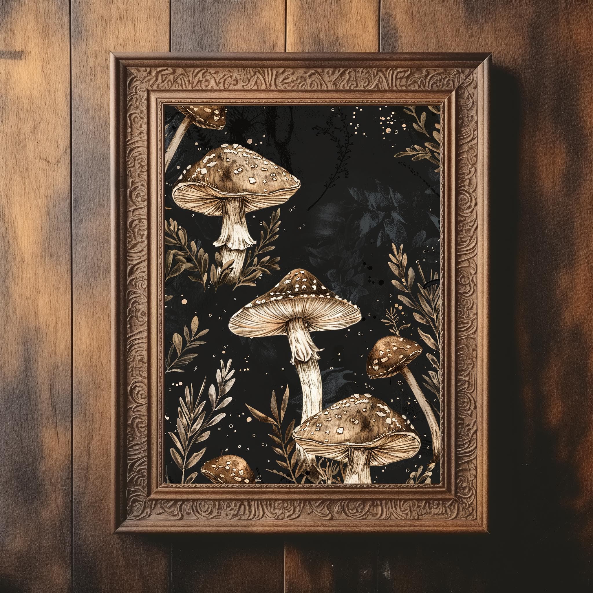 Botanical Mushroom Illustration | Dark Cottagecore Decor | Golden Mushroom | Vintage Journal Page | Moody | Vintage Wall Print | Digital Art