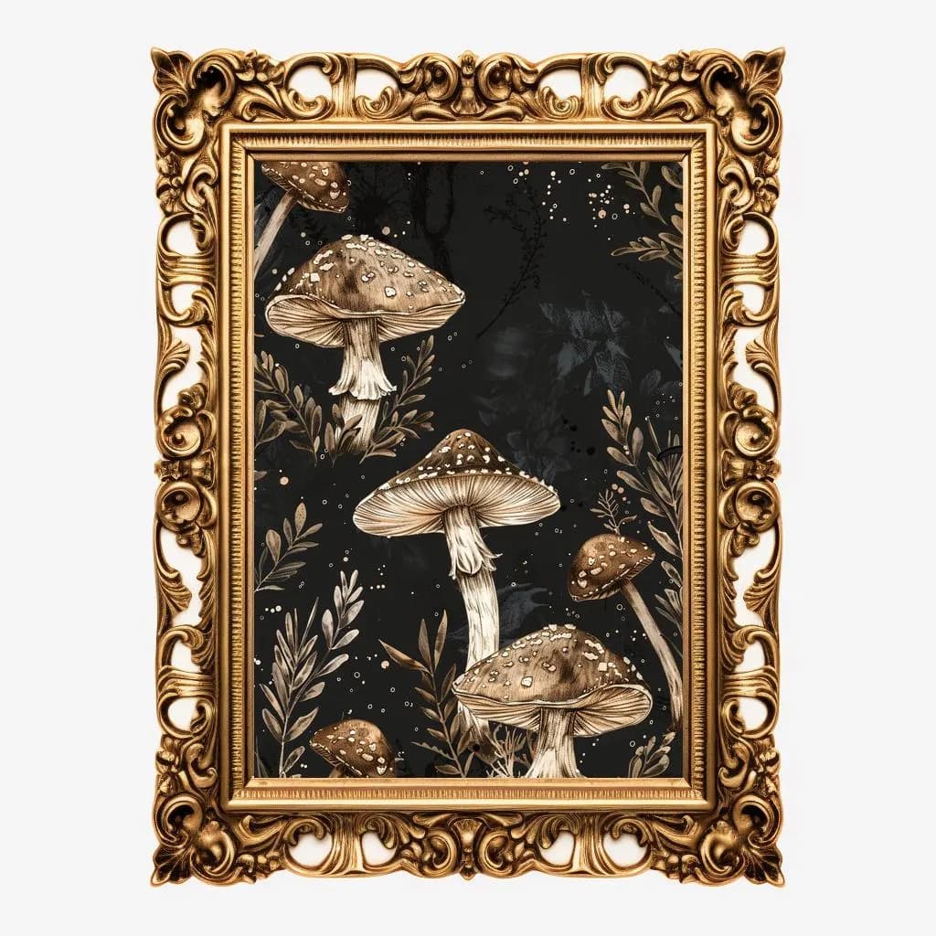 Botanical Mushroom Illustration | Dark Cottagecore Decor | Golden Mushroom | Vintage Journal Page | Moody | Vintage Wall Print | Digital Art - image 5