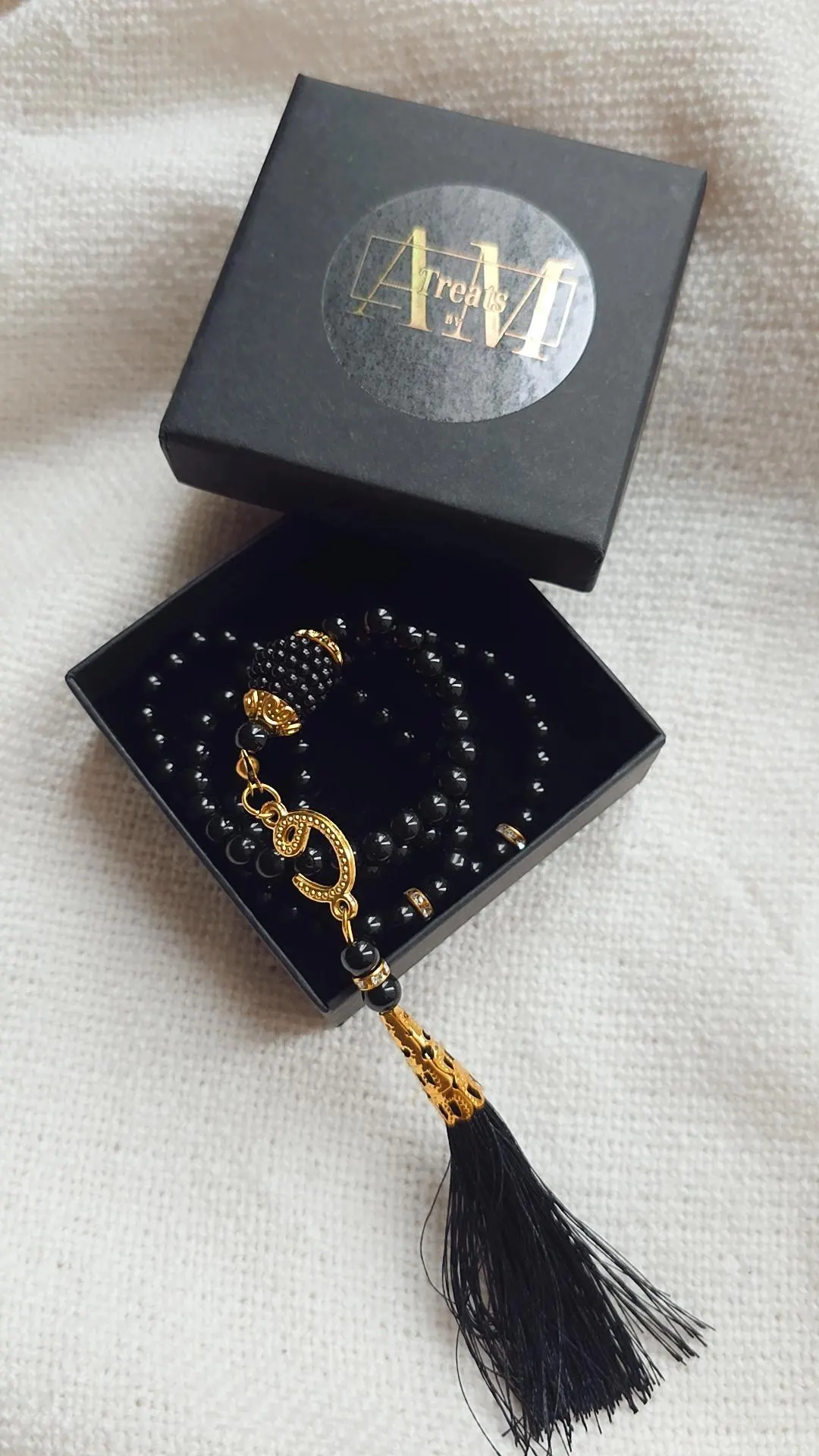 Black Tasbeeh Prayer Beads with Gold Tassel, Islamic Gift Box| Ramadan Mubarak Gift Set, Eid Favors for Him & Her - image 3