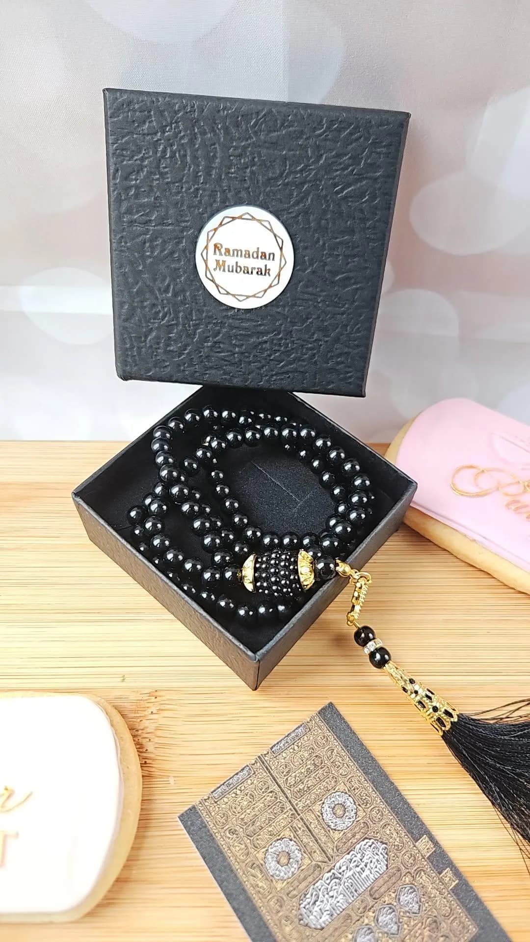 Black Tasbeeh Prayer Beads with Gold Tassel, Islamic Gift Box| Ramadan Mubarak Gift Set, Eid Favors for Him & Her