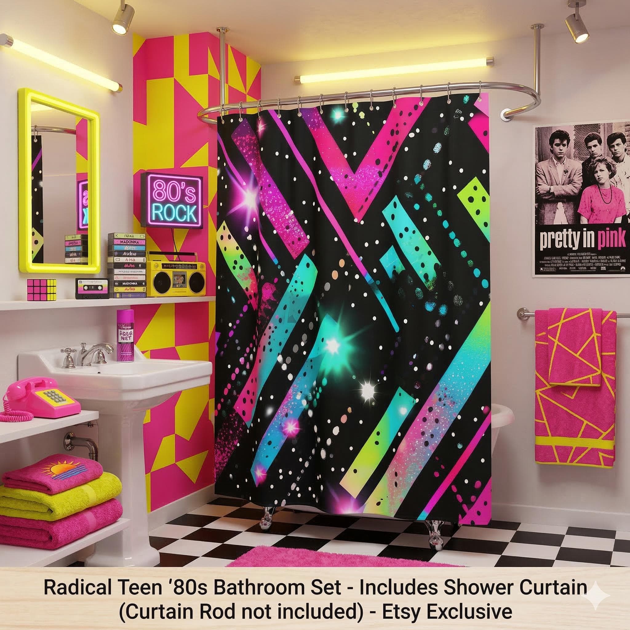 Neon Geometric Stars Shower Curtain | Retro 80s Abstract Bathroom - image 2