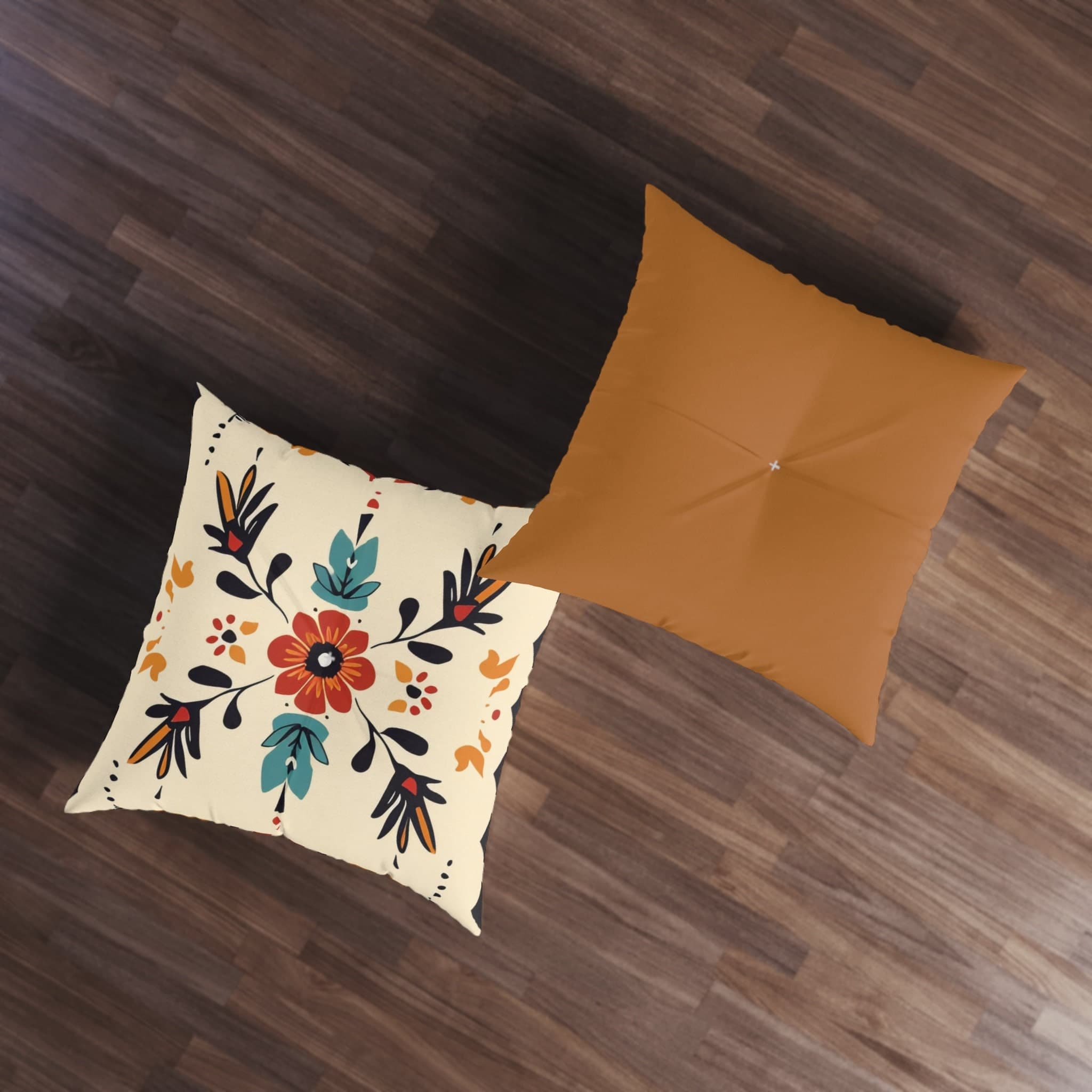Tufted Boho Floor Pillow: Tan & Orange Floral Pillow Sham - image 5