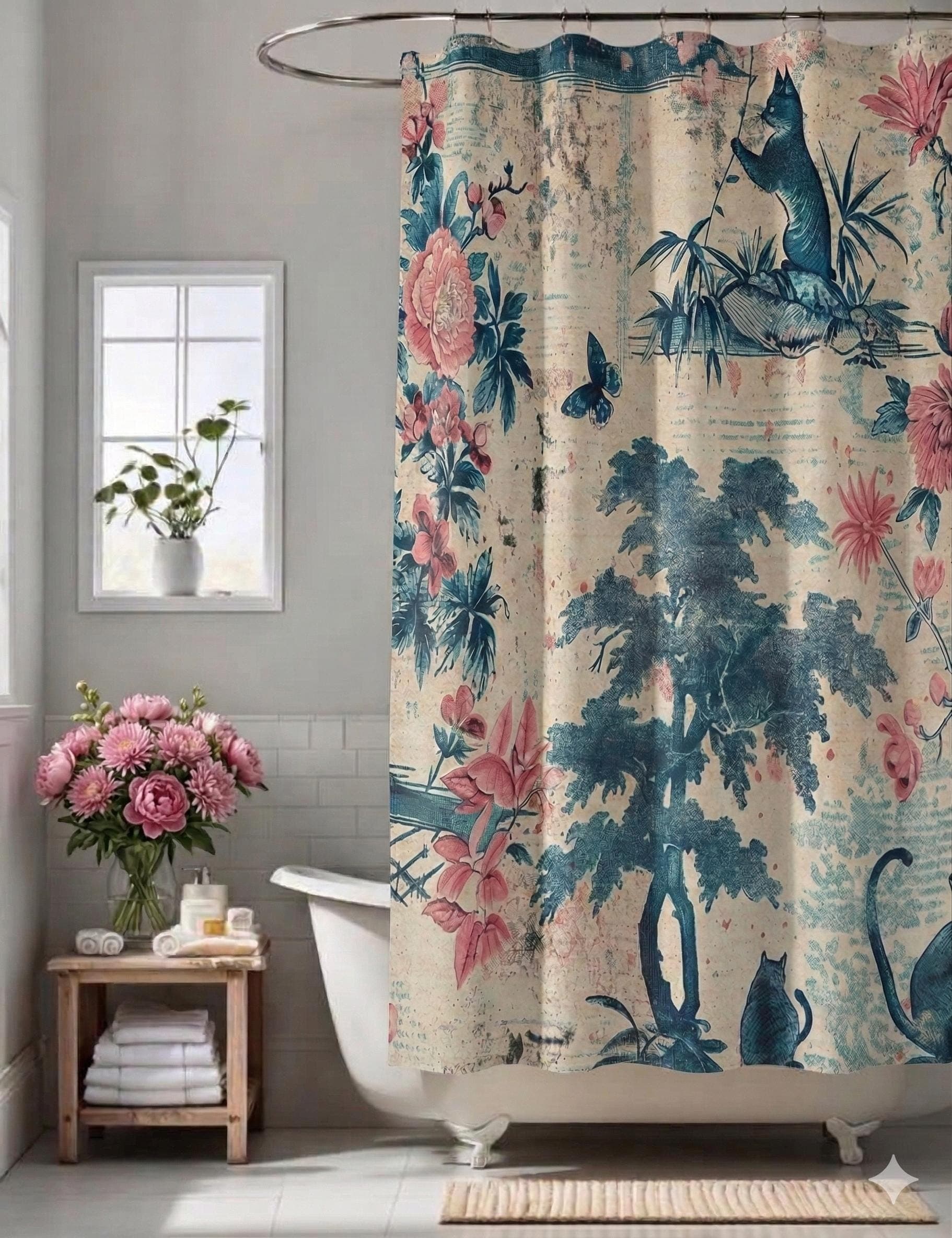 Cat Toile Shower Curtain: Pink Peonies, Teal Blue Japanese Art Inspired Bath Decor