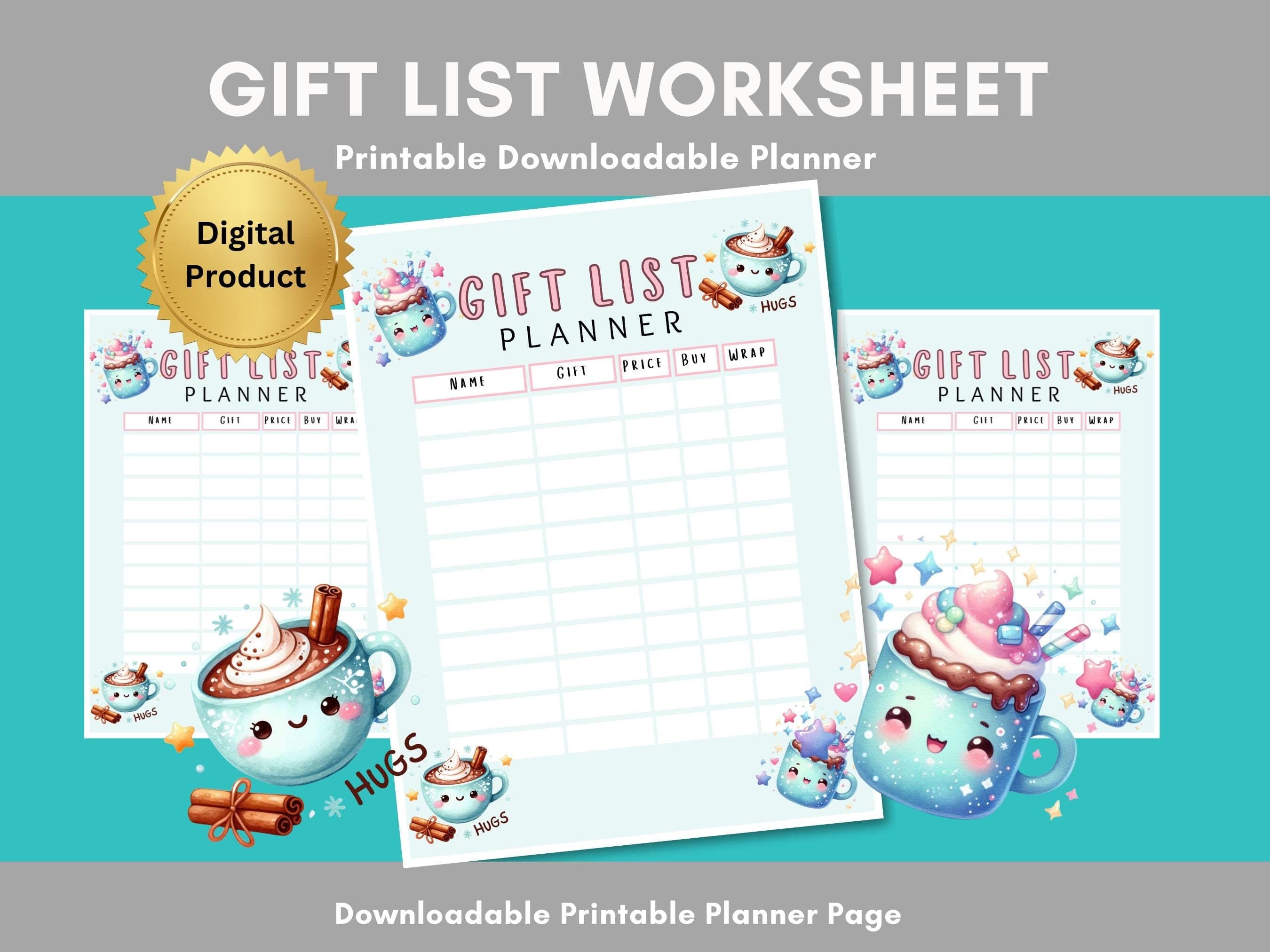 Printable Gift List Planner: Kawaii Hot Cocoa Design (PDF Download)
