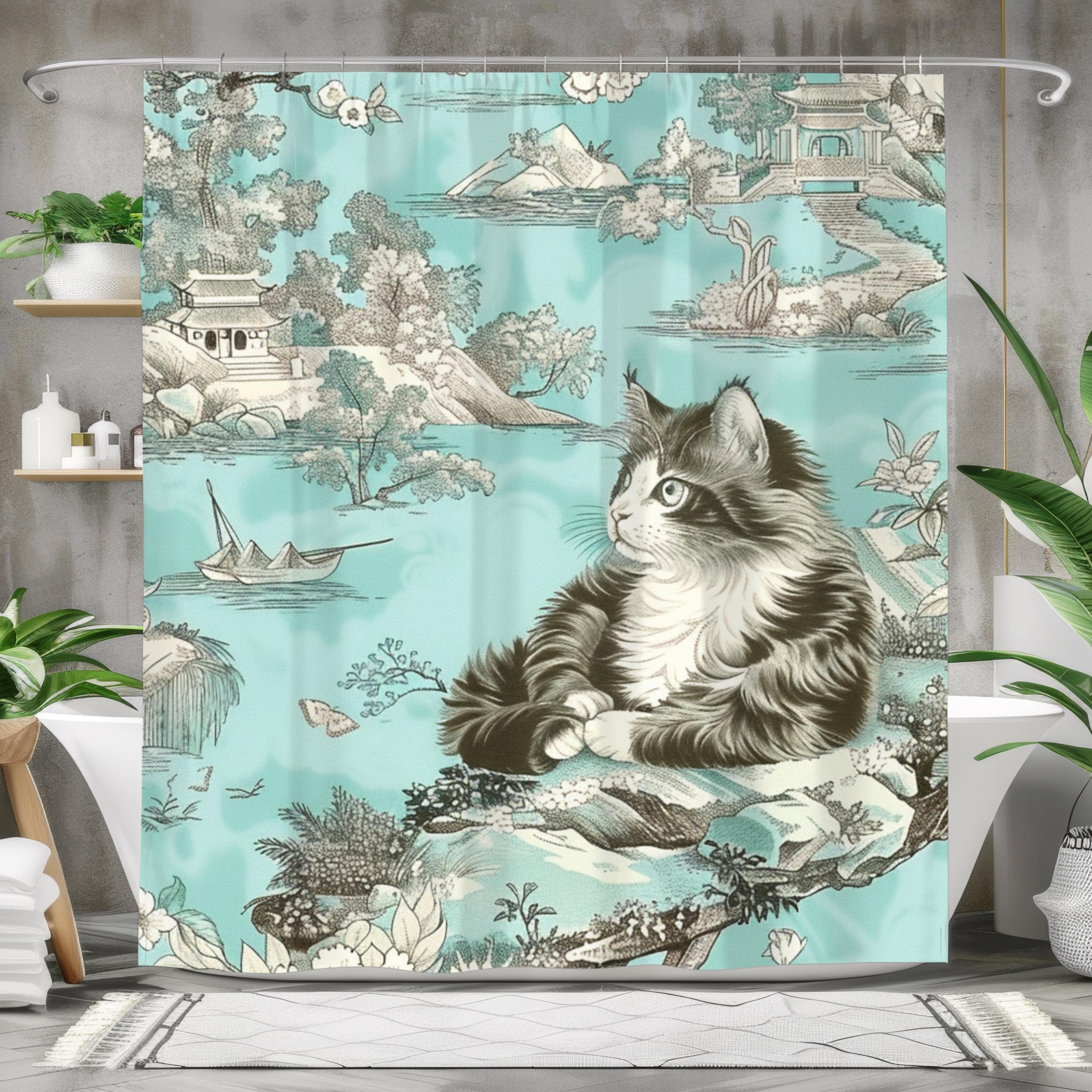 Whimsical Cat Shower Curtain: Vintage Aqua Bathroom Decor - image 3