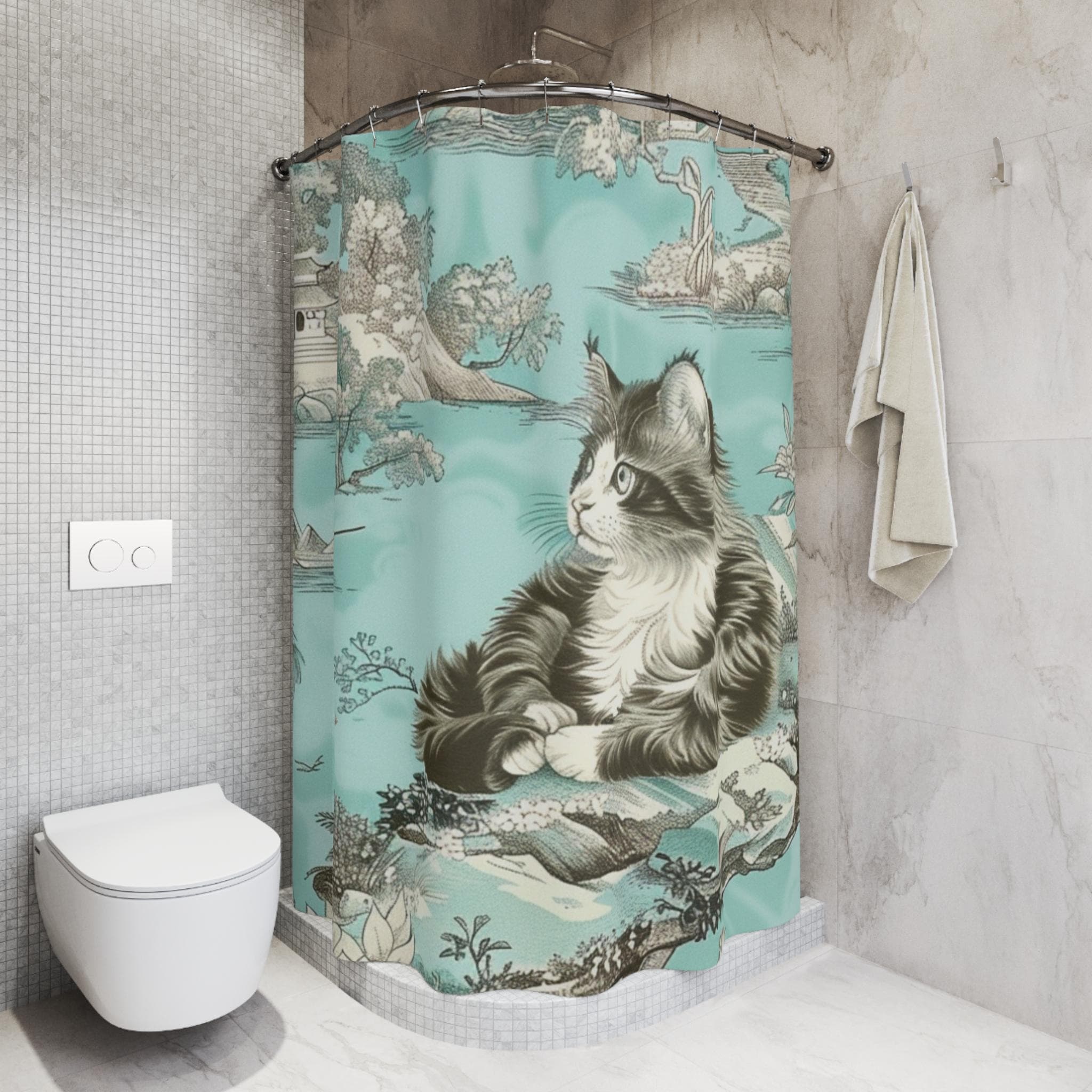 Whimsical Cat Shower Curtain: Vintage Aqua Bathroom Decor