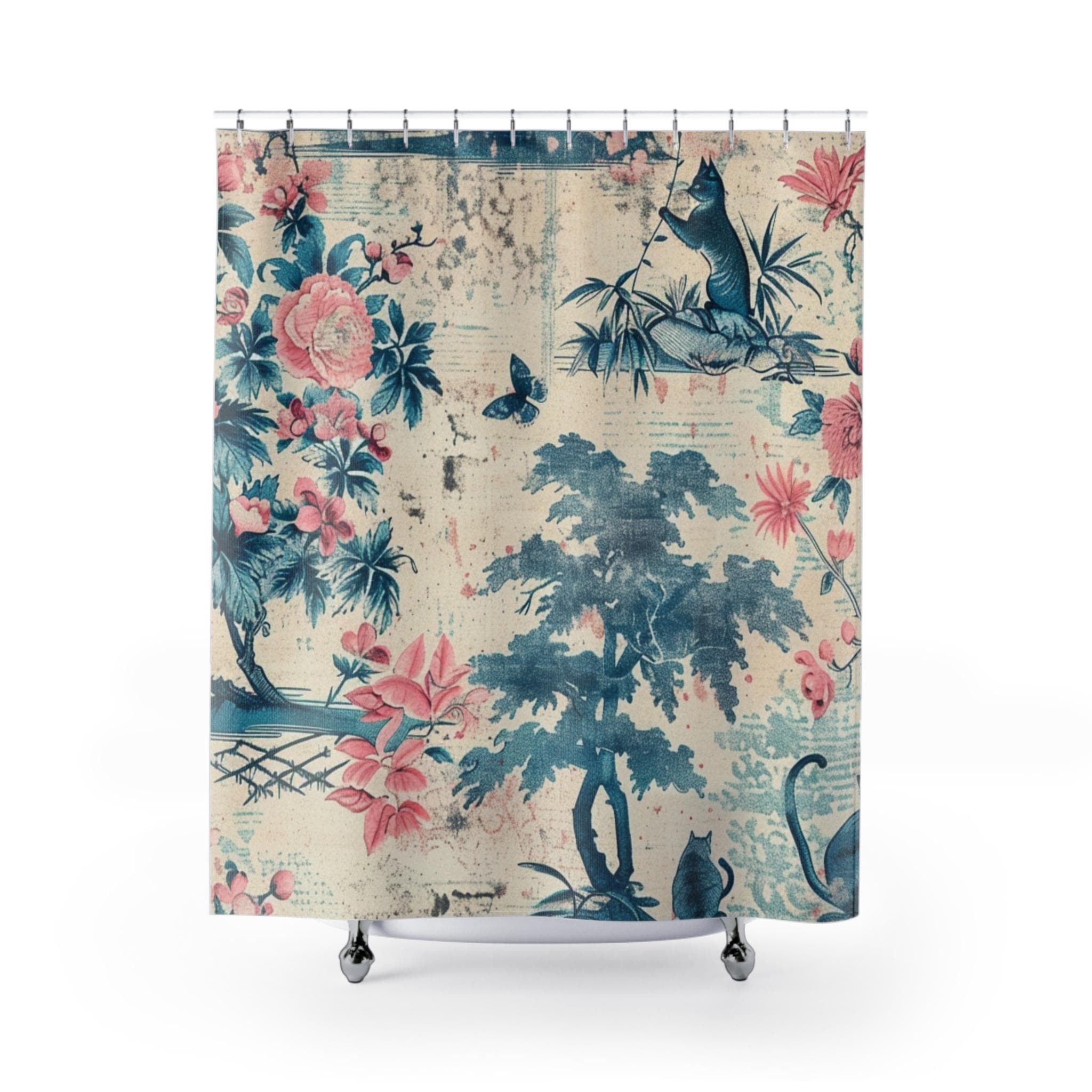 Cat Toile Shower Curtain: Pink Peonies, Teal Blue Japanese Art Inspired Bath Decor - image 4