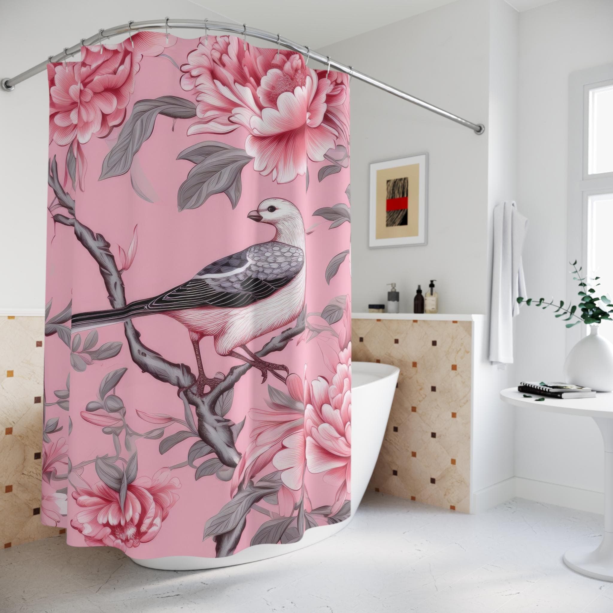 Vintage Bird and Peony Shower Curtain Pink Botanical Bathroom Decor - image 5