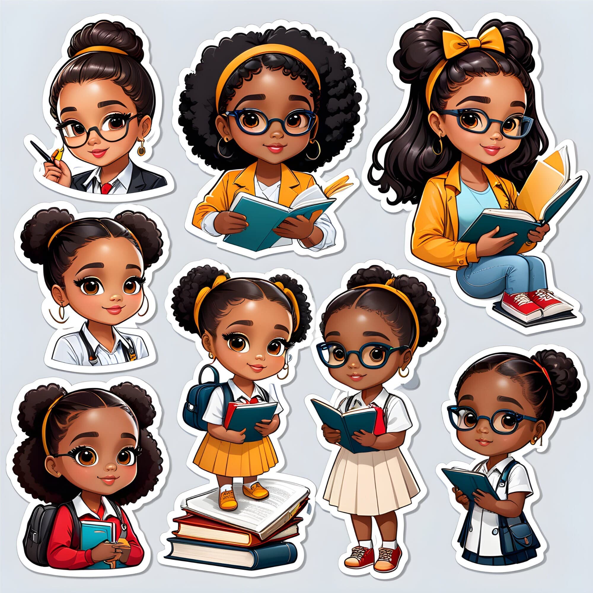 Sheet of 8 Printable Cartoon Brown Skin Smart Girl Stickers