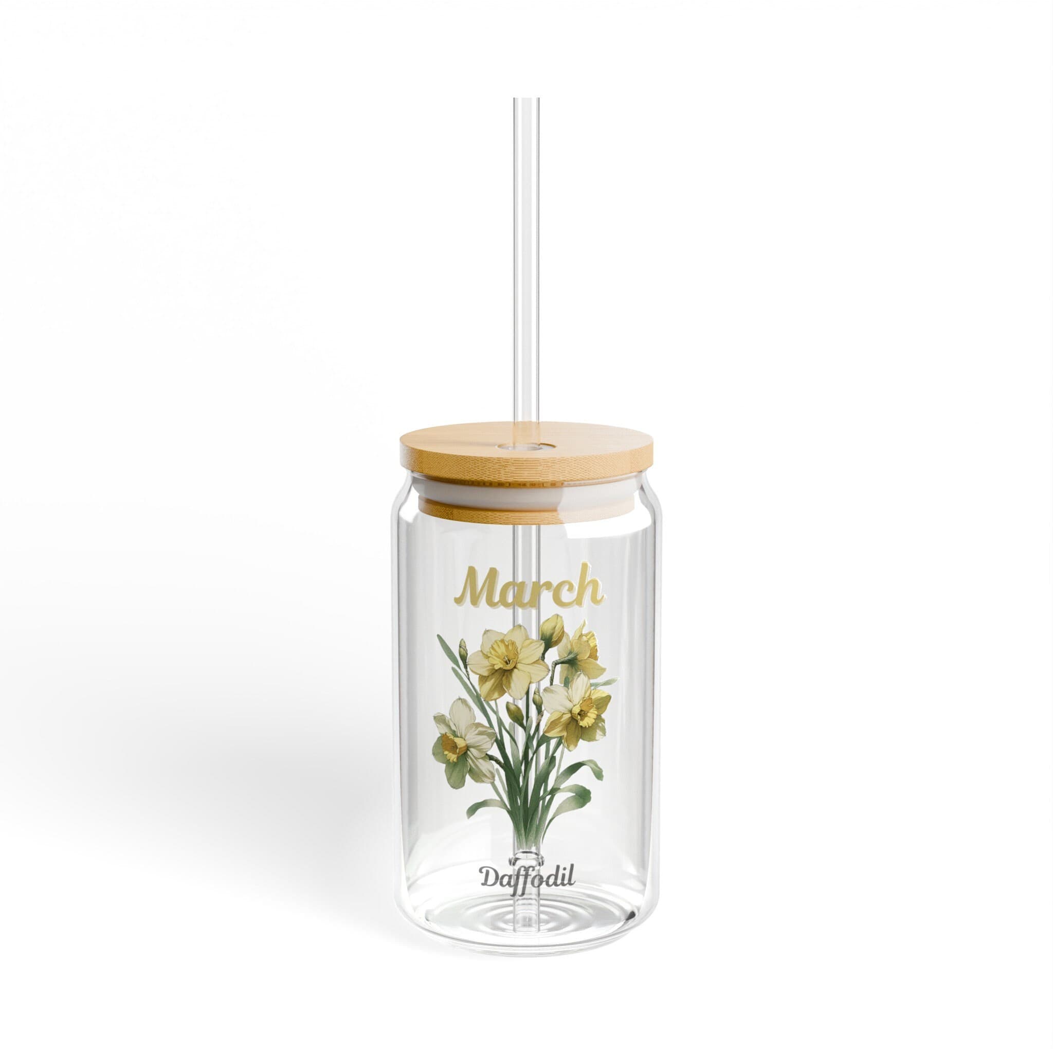 March Birth Flower Glass Sipper: Daffodil Design, Bamboo Lid - image 3