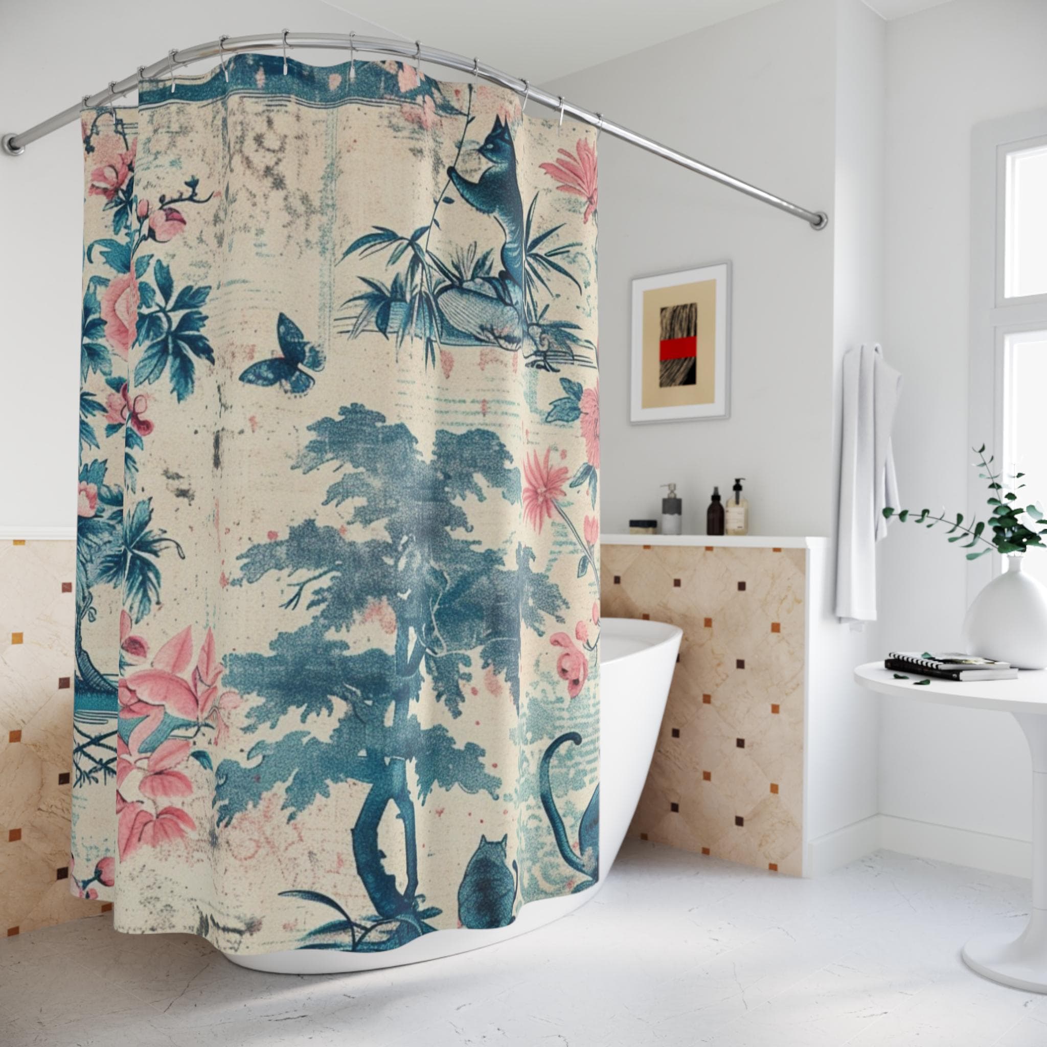 Cat Toile Shower Curtain: Pink Peonies, Teal Blue Japanese Art Inspired Bath Decor - image 3