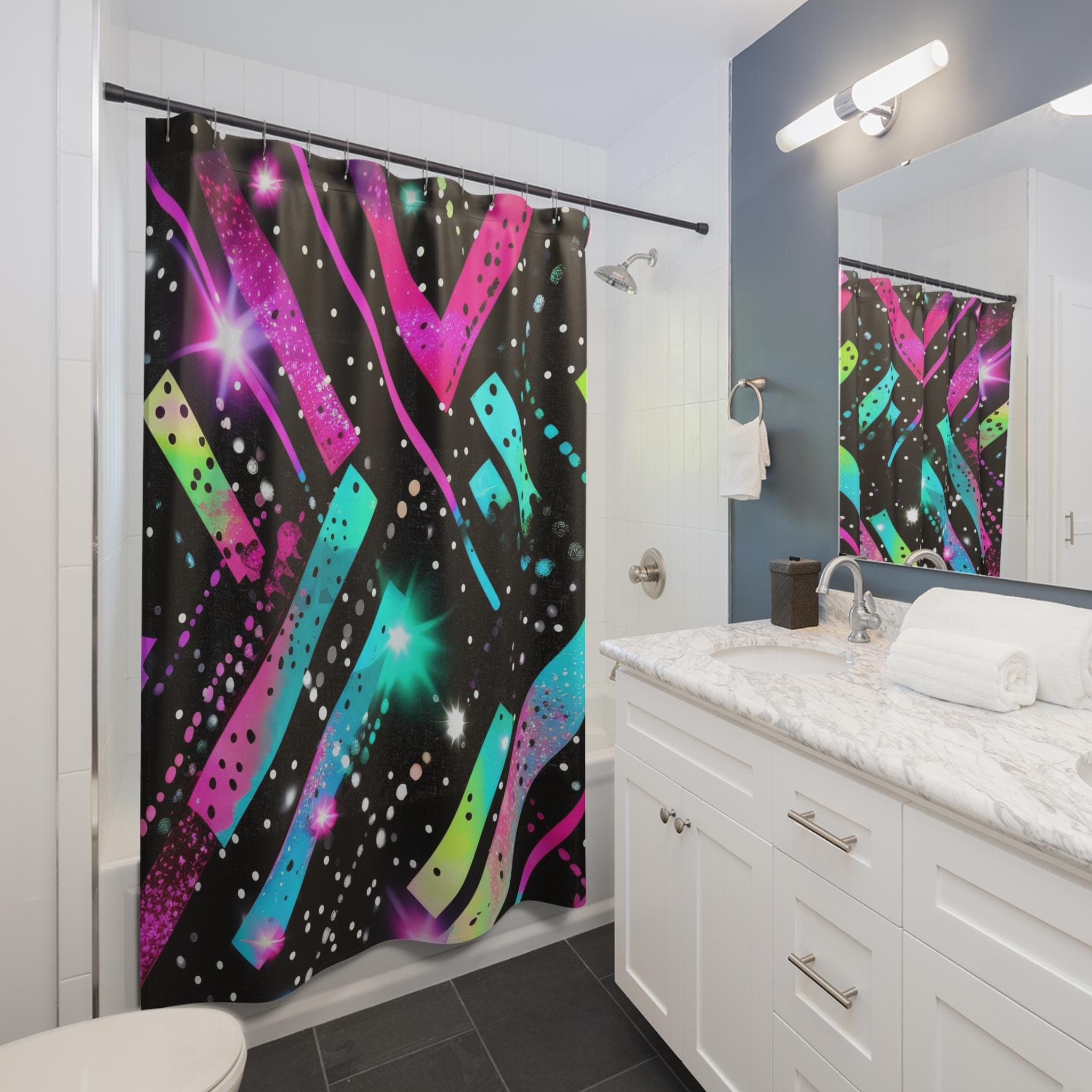 Neon Geometric Stars Shower Curtain | Retro 80s Abstract Bathroom - image 4