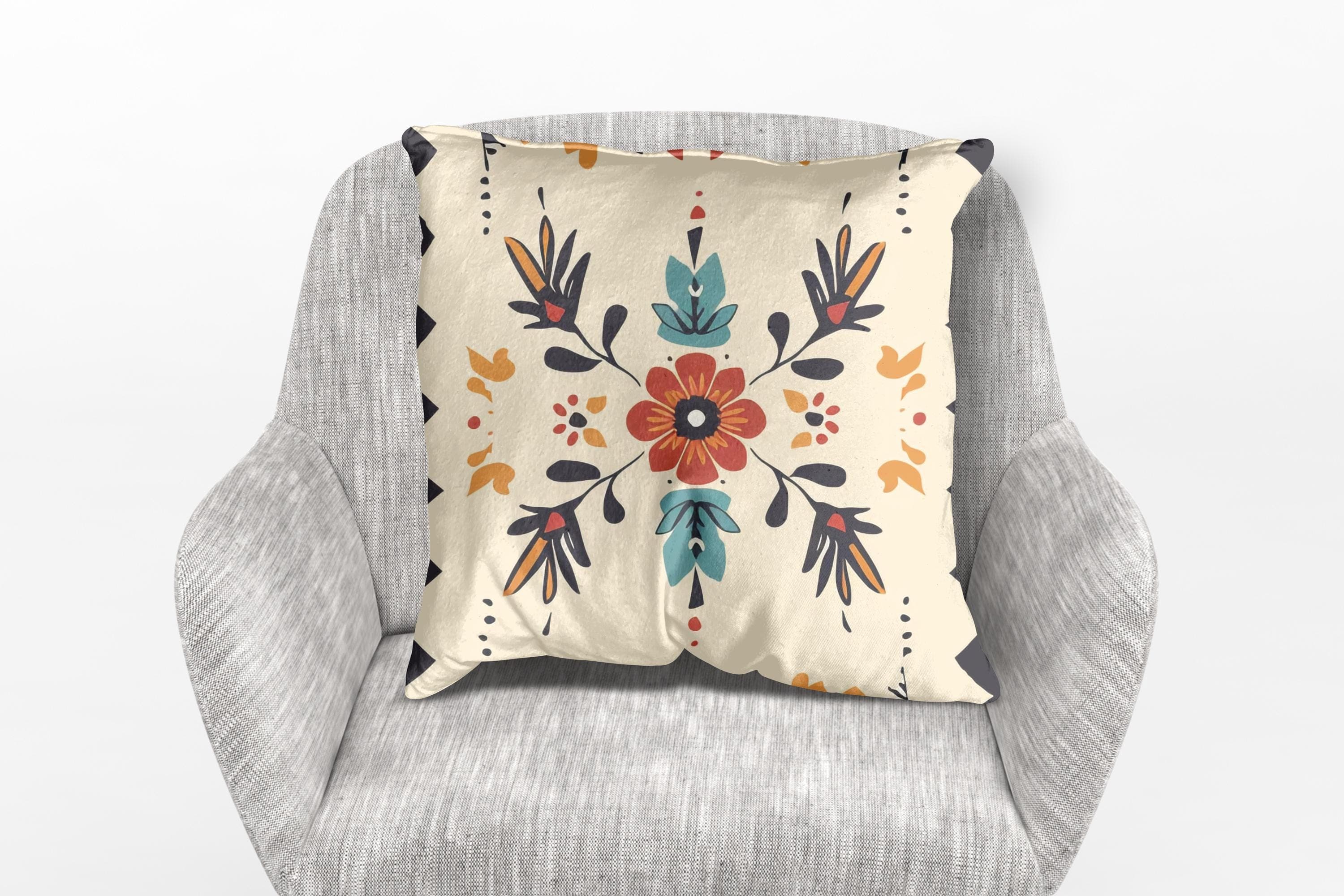 Floral Boho Pillow: Tan & Orange Bohemian Bedroom Decor - image 3