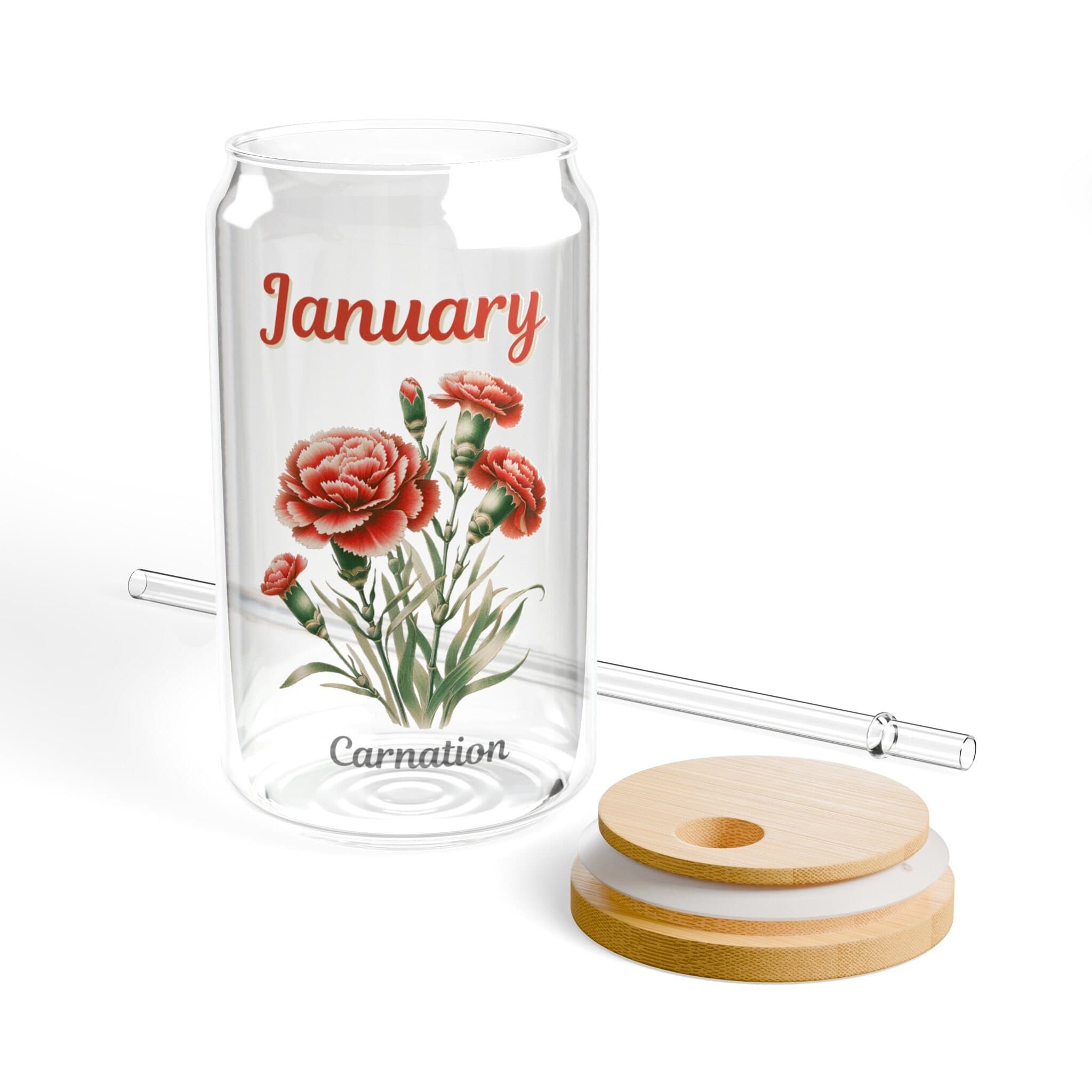 January Birth Flower Glass: Carnation Sipper with Bamboo Lid - image 2