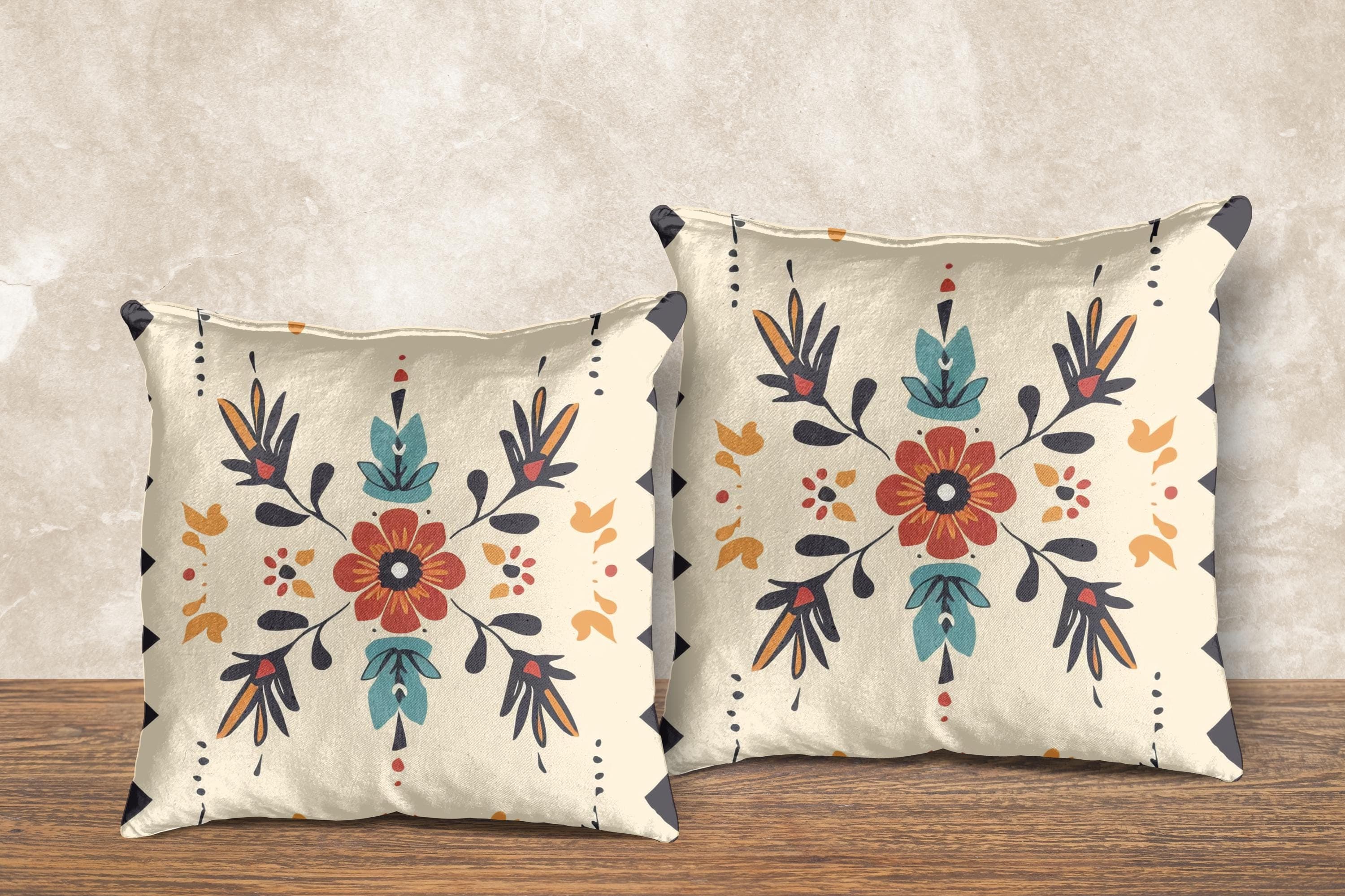 Floral Boho Pillow: Tan & Orange Bohemian Bedroom Decor