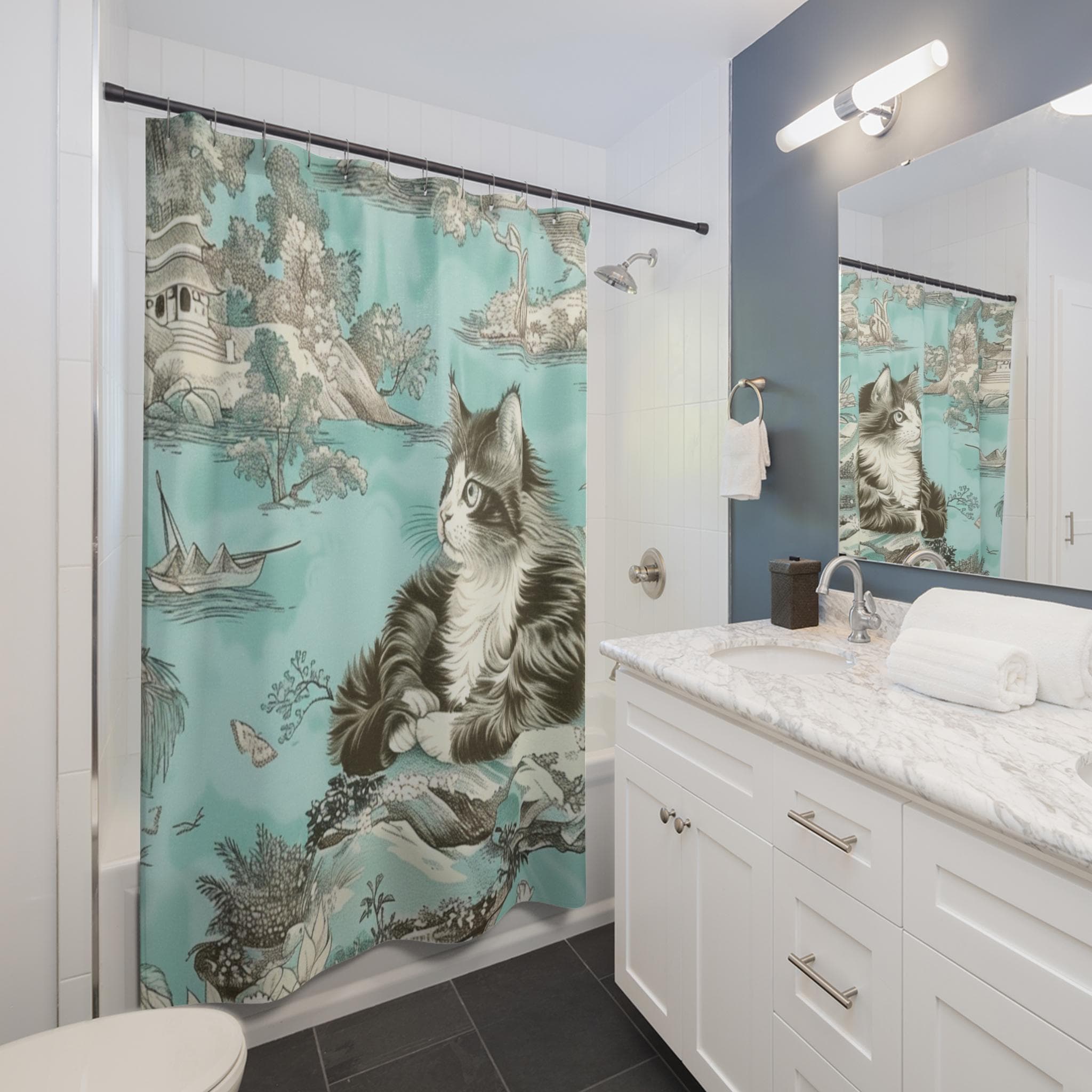 Whimsical Cat Shower Curtain: Vintage Aqua Bathroom Decor - image 5