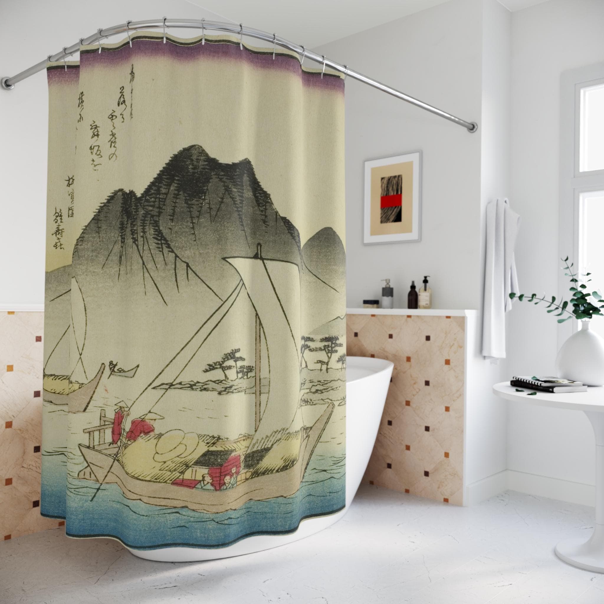 Asian Art Shower Curtain: 'Maisaka Ferry' Boat Scene Bathroom Decor
