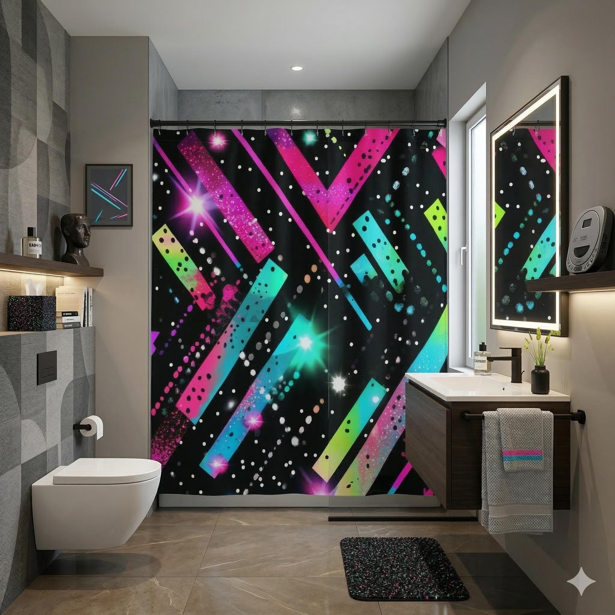 Neon Geometric Stars Shower Curtain | Retro 80s Abstract Bathroom