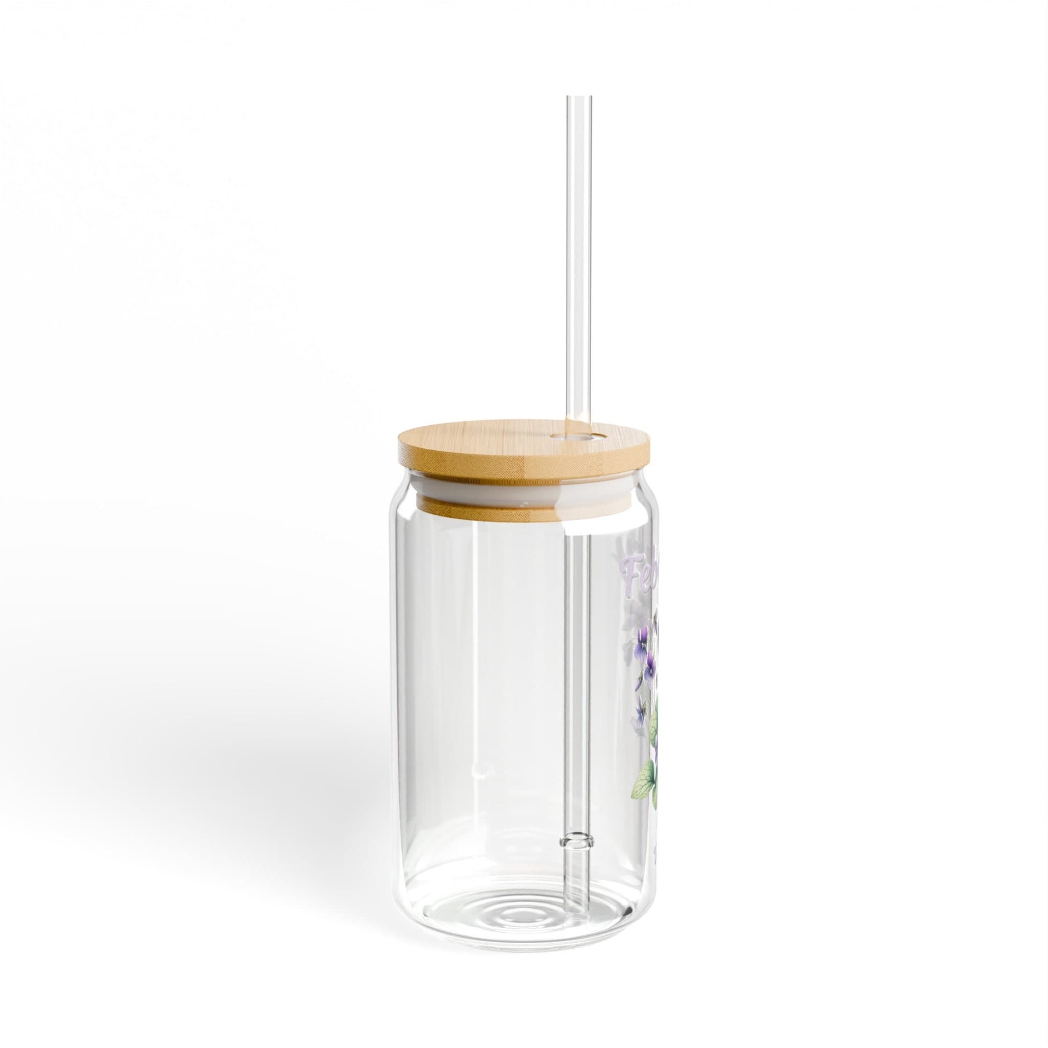 February Birth Flower Glass Jar: Violet Flower Cup with Bamboo Lid & Straw - image 4