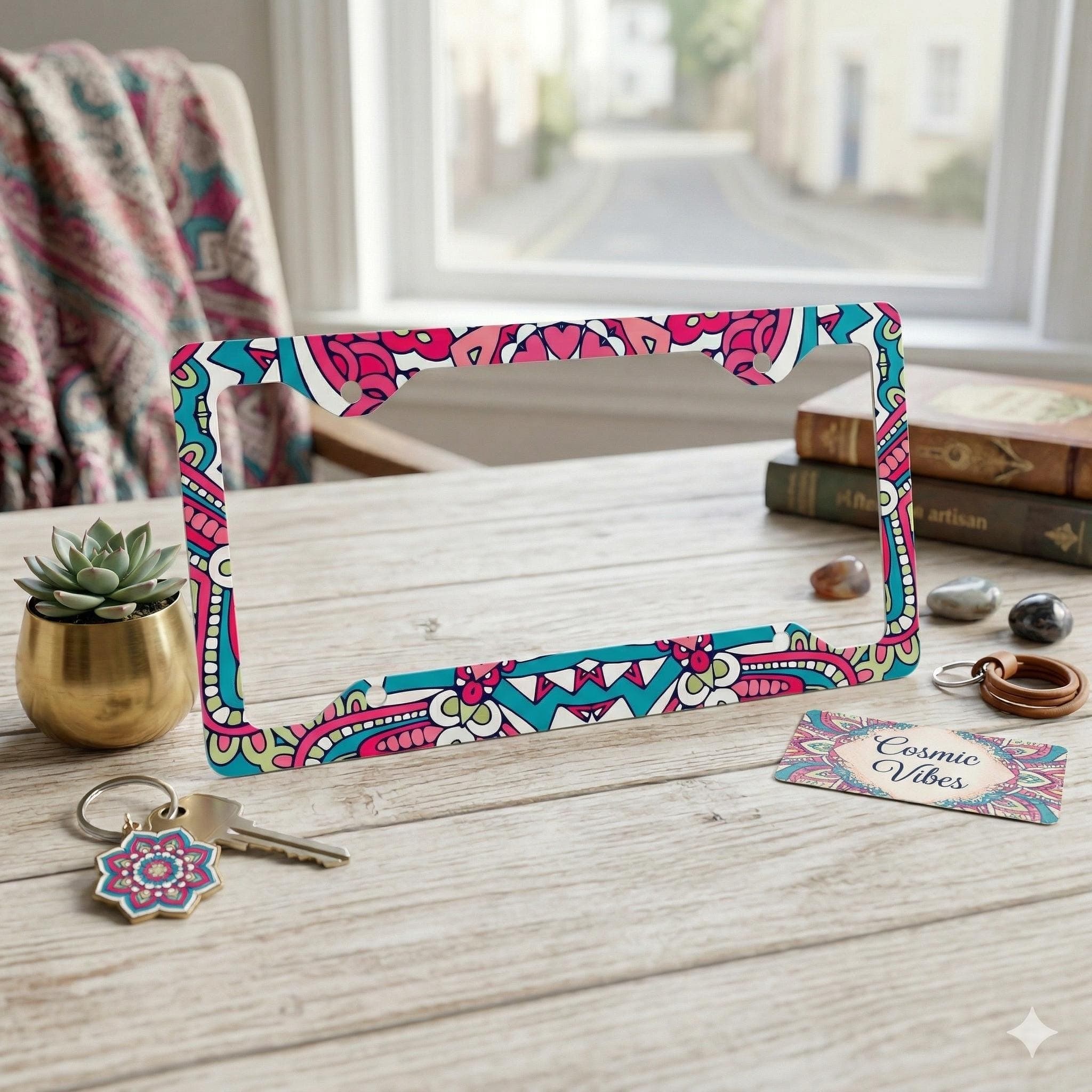 Pink Teal Mandala Metal License Plate Frame | Floral Boho Car Accent