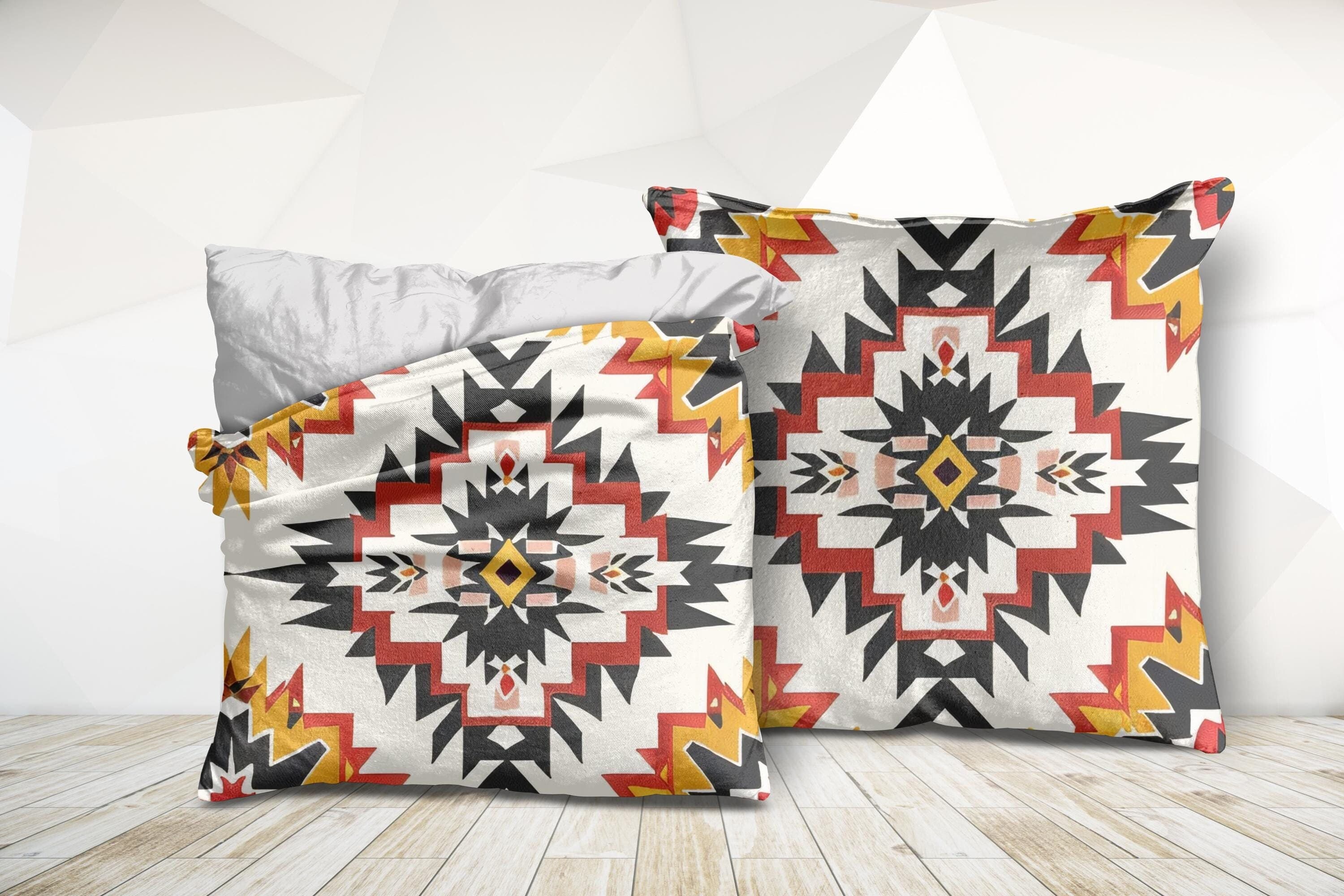 Tribal Design Square Pillow: Red Yellow Boho Decor