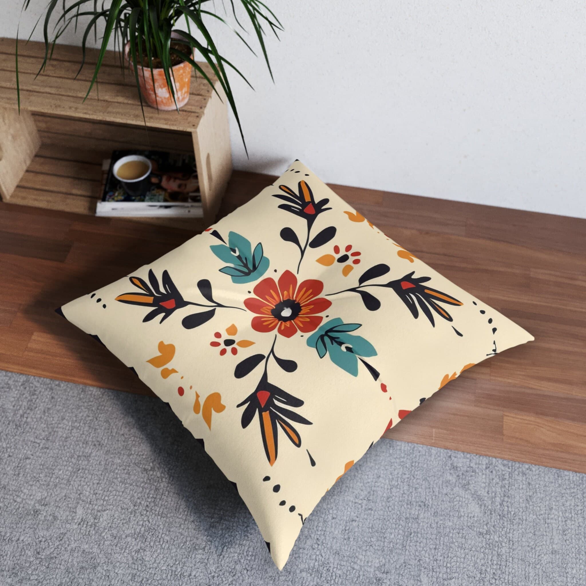Tufted Boho Floor Pillow: Tan & Orange Floral Pillow Sham - image 4