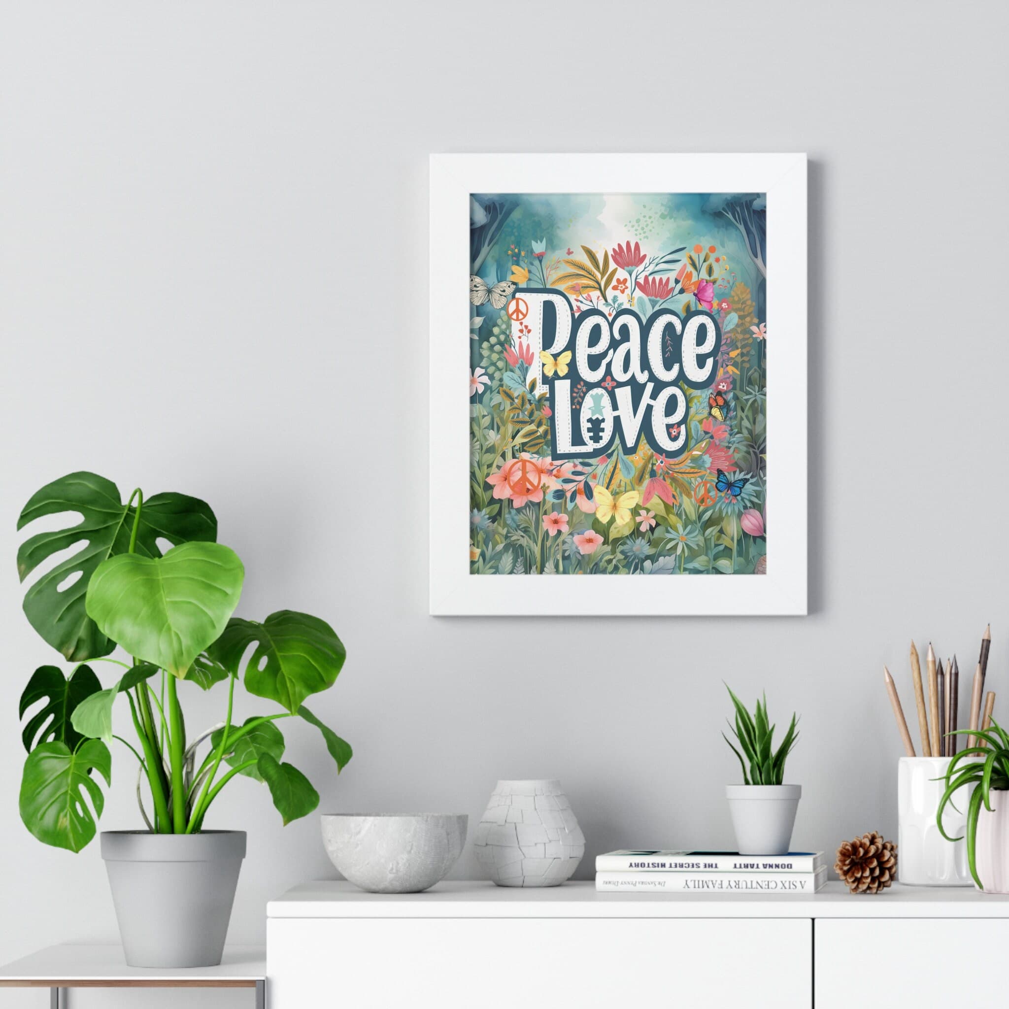 Peace Love Floral Framed Poster: Hippie Inspired Wall Art