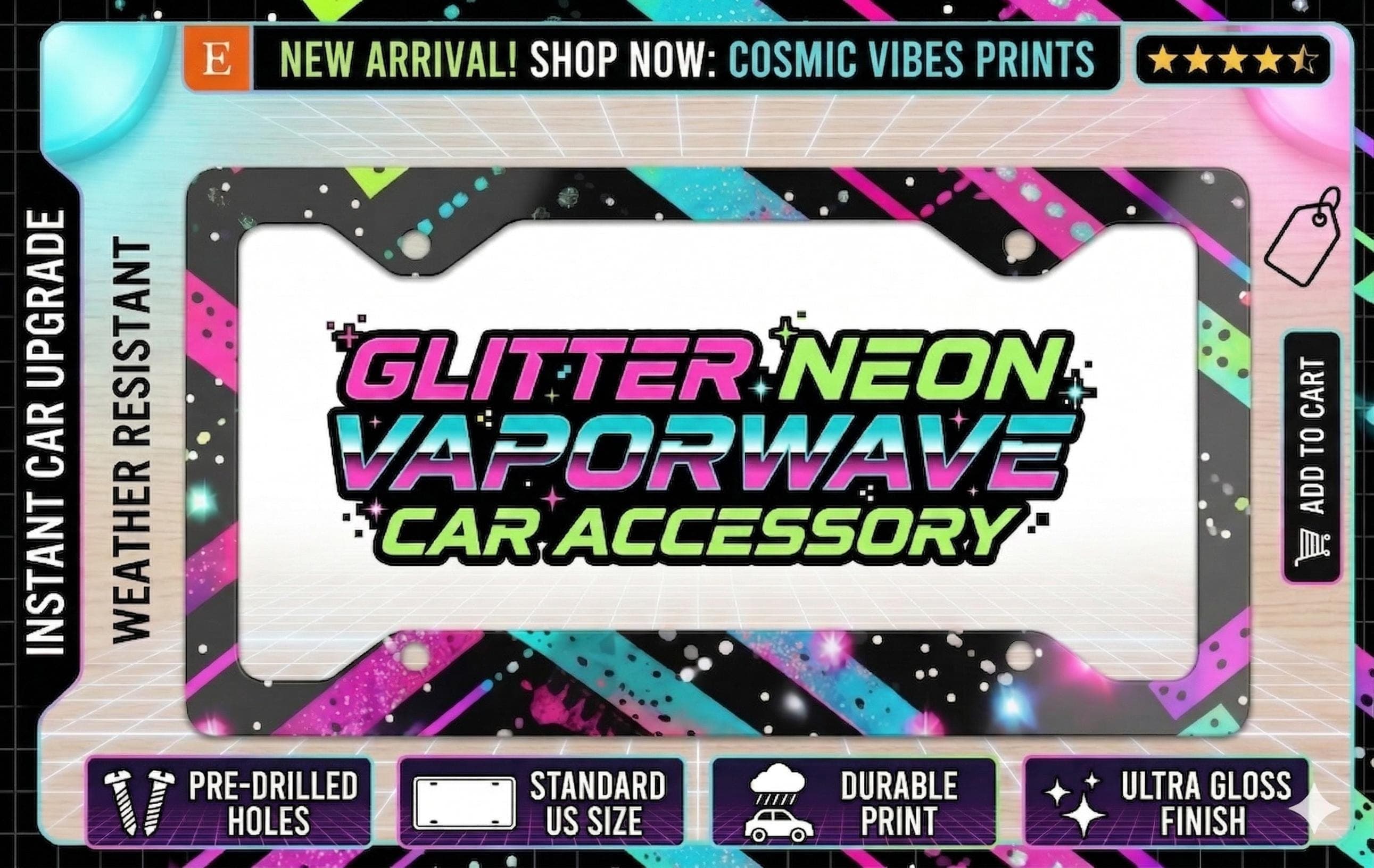 Retro Neon Stripes Metal License Plate Frame | 80s Vaporwave Car Accessory - image 4