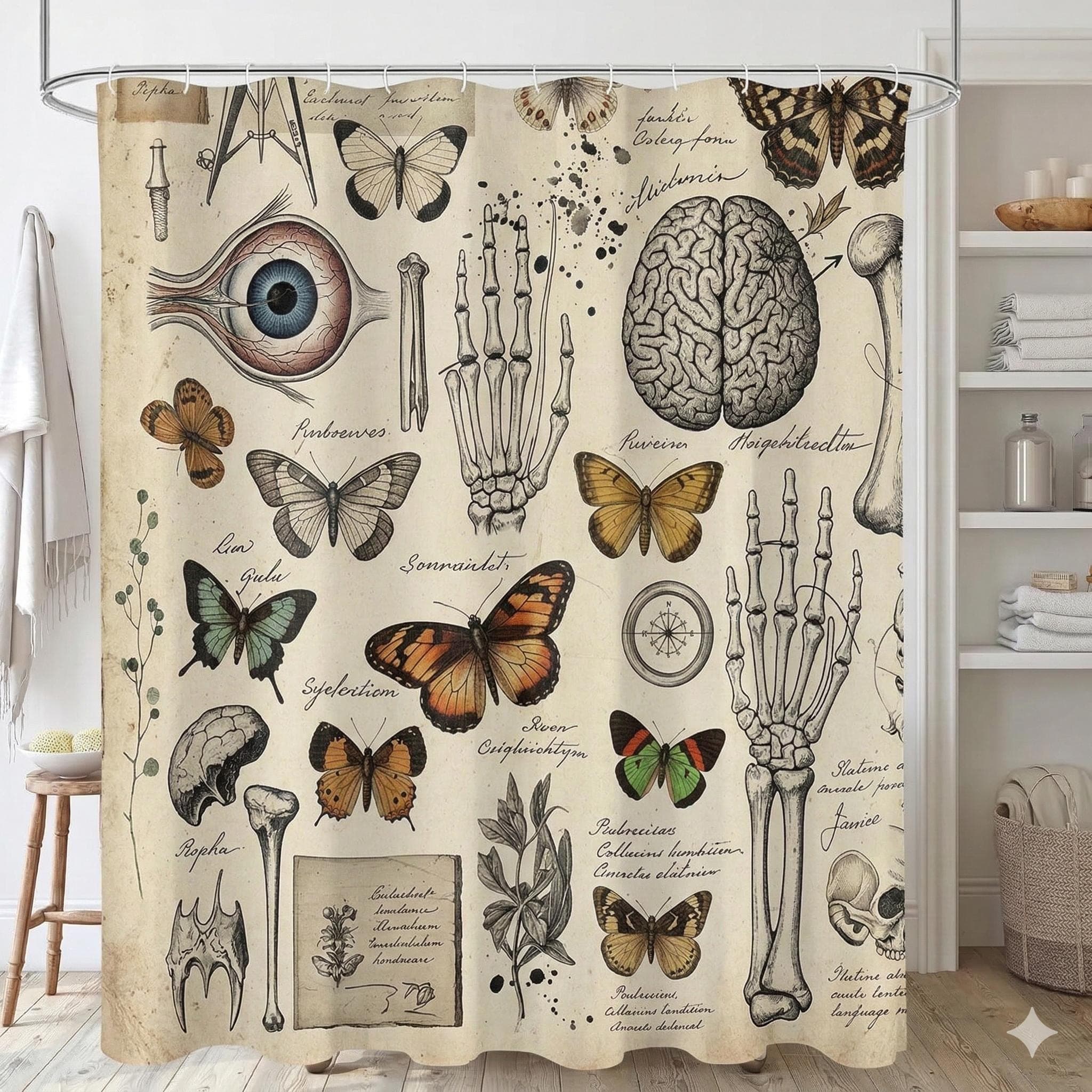 Vintage Anatomy Butterfly Shower Curtain: Dark Academia Botanical Illustration Print - image 5