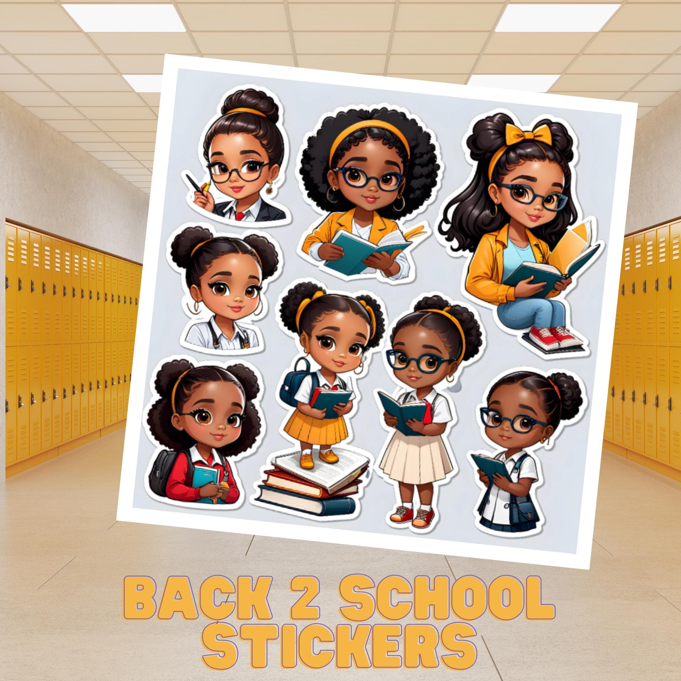 Sheet of 8 Printable Cartoon Brown Skin Smart Girl Stickers - image 2