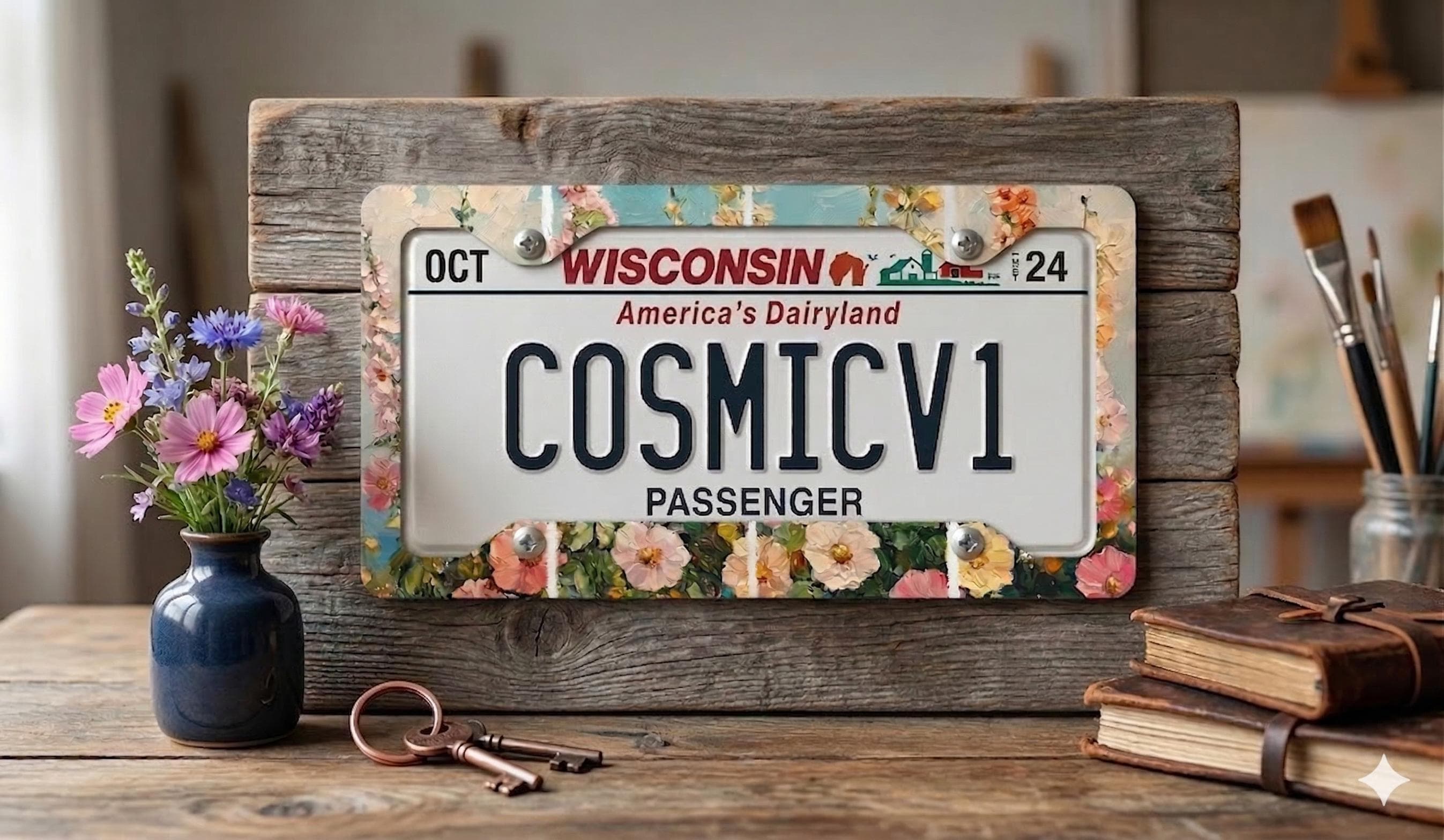 Vintage Floral Border Metal License Plate Frame | Cottagecore Flower Design