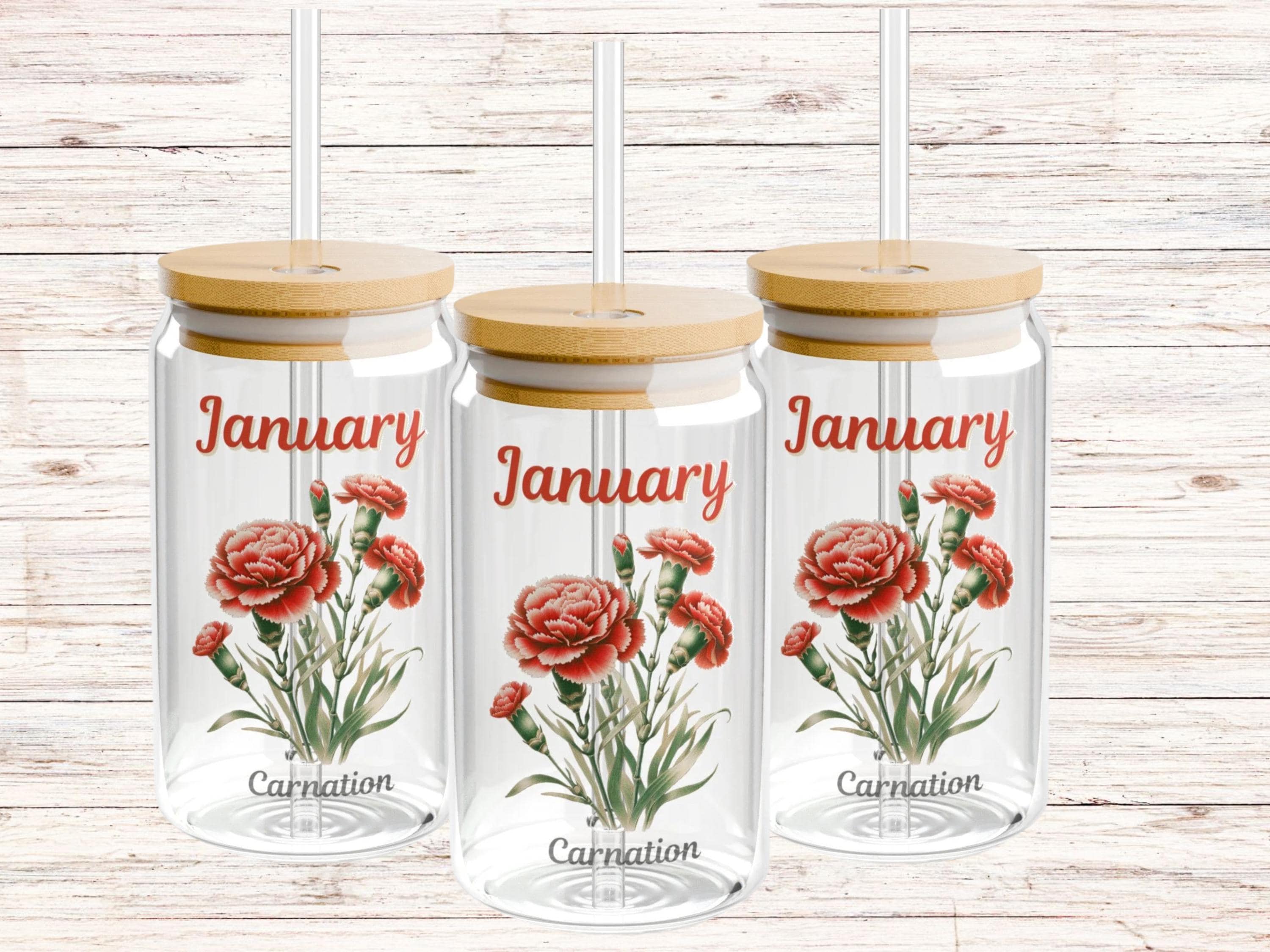 January Birth Flower Glass: Carnation Sipper with Bamboo Lid - image 5