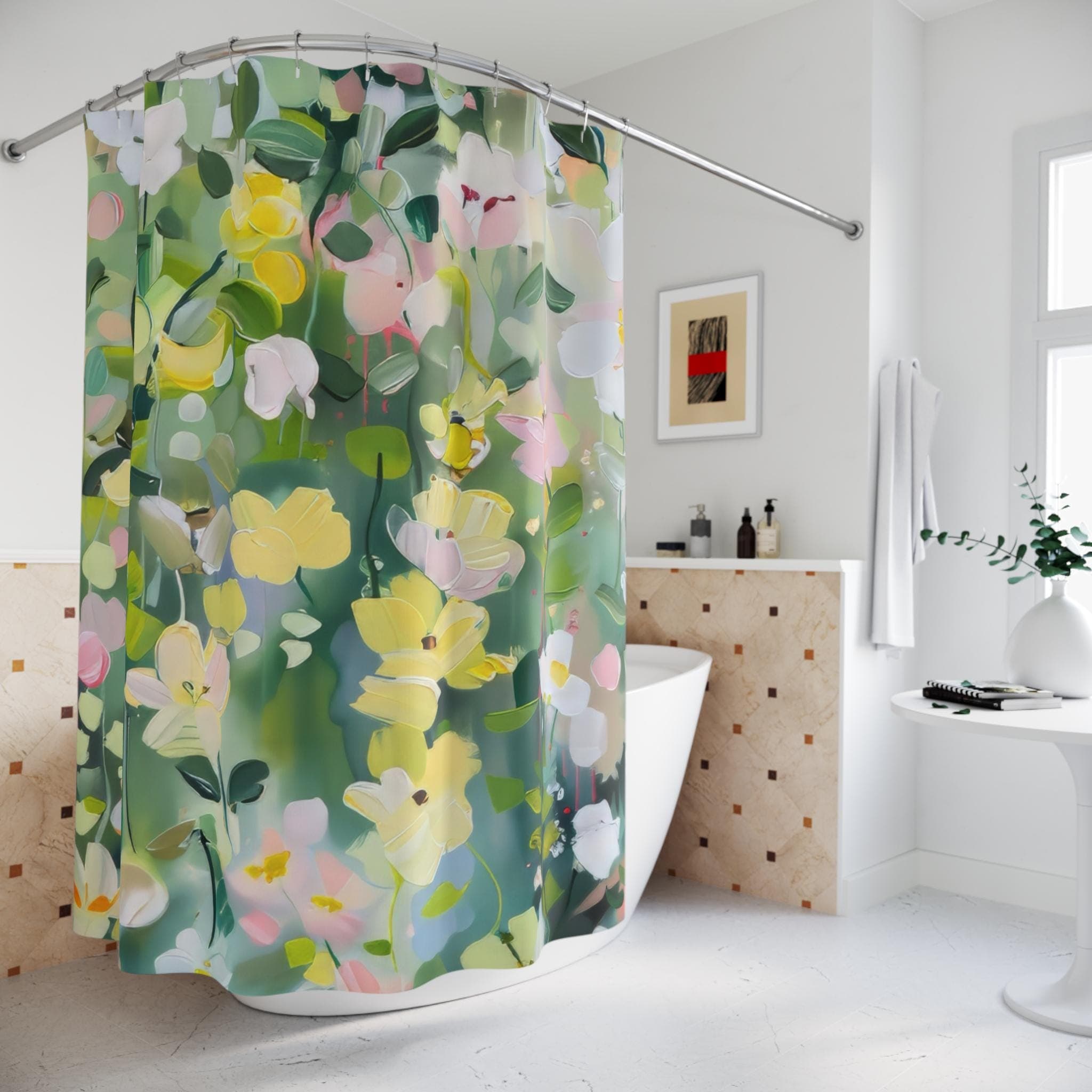 Green Floral Shower Curtain: Botanical Cottagecore Bathroom Decor