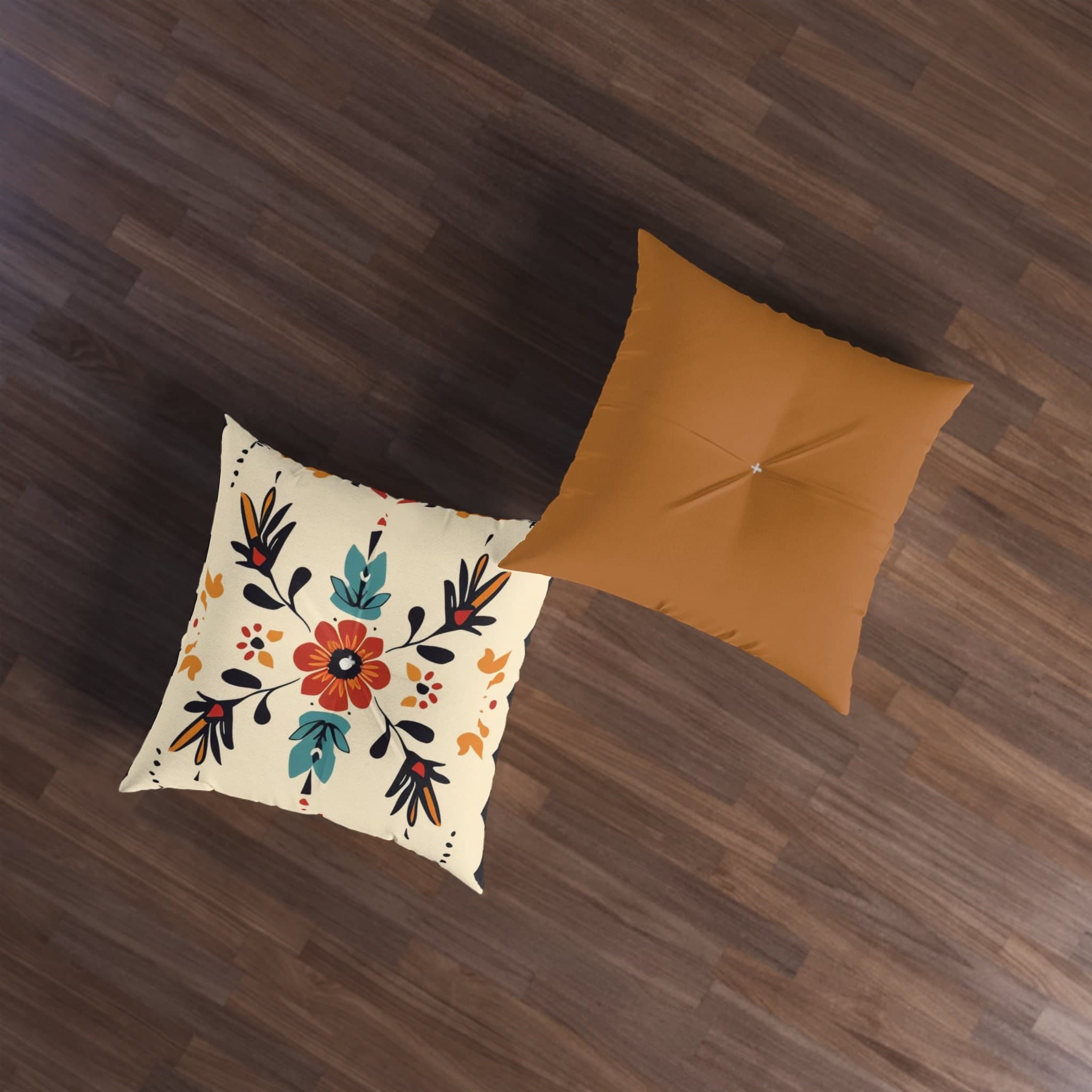 Tufted Boho Floor Pillow: Tan & Orange Floral Pillow Sham - image 3